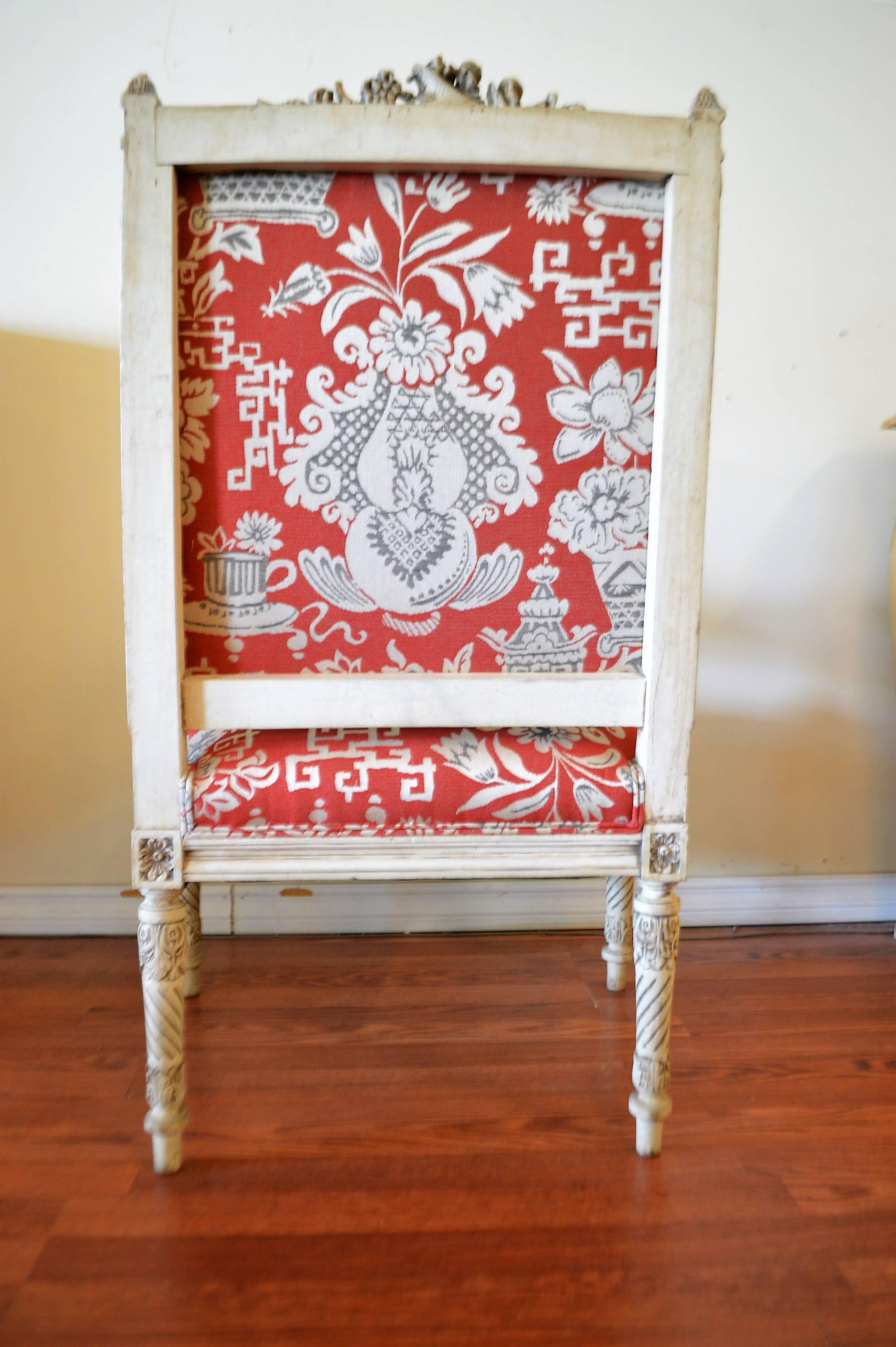 Pair of 19th Century Hand-Carved Armchair New Upholstery in Chinoiserie Fabric 2