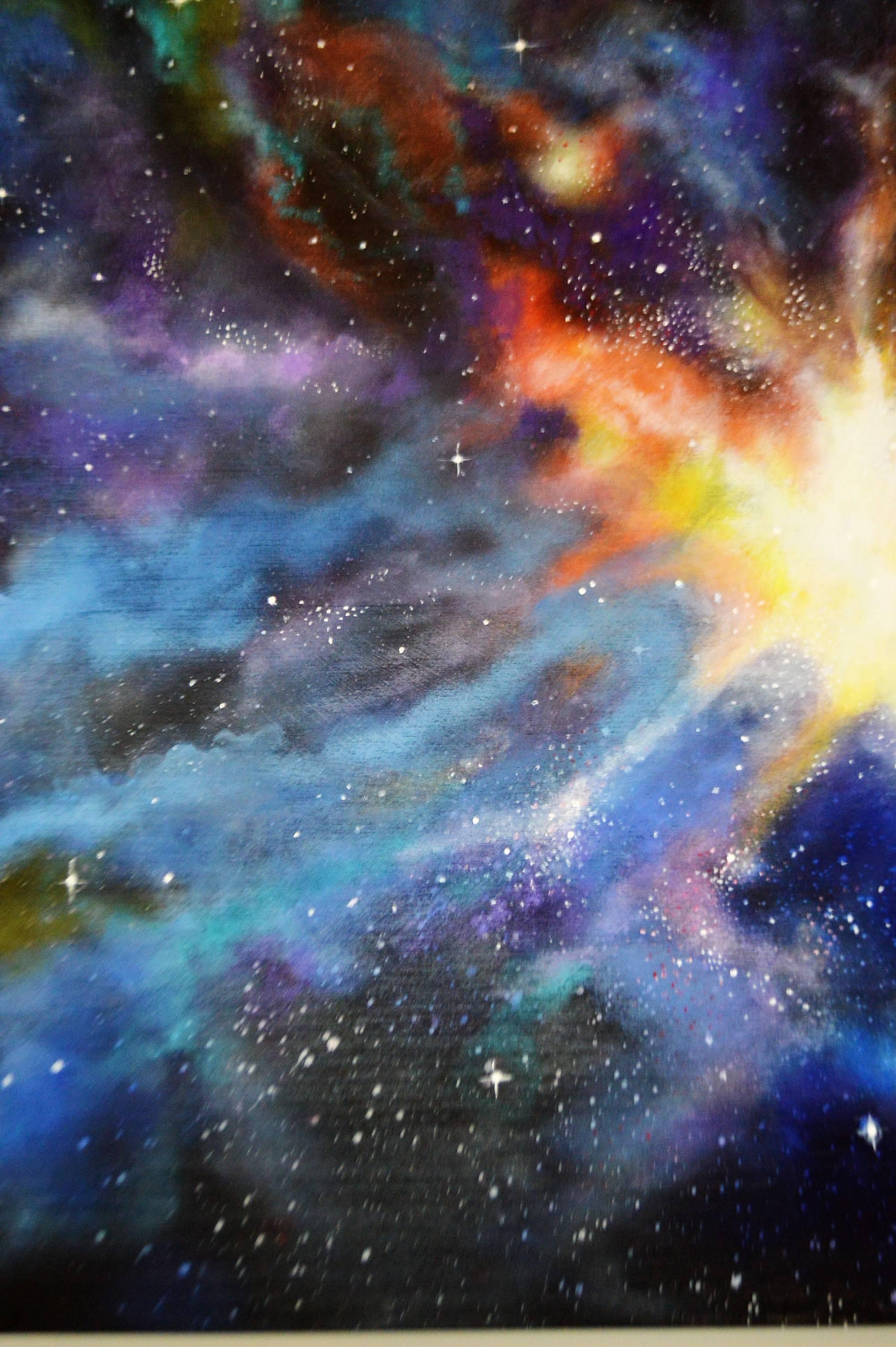 Contemporary Acrylic Painting on Board from a Photo from Starry Deep Space Nebula Telescope For Sale
