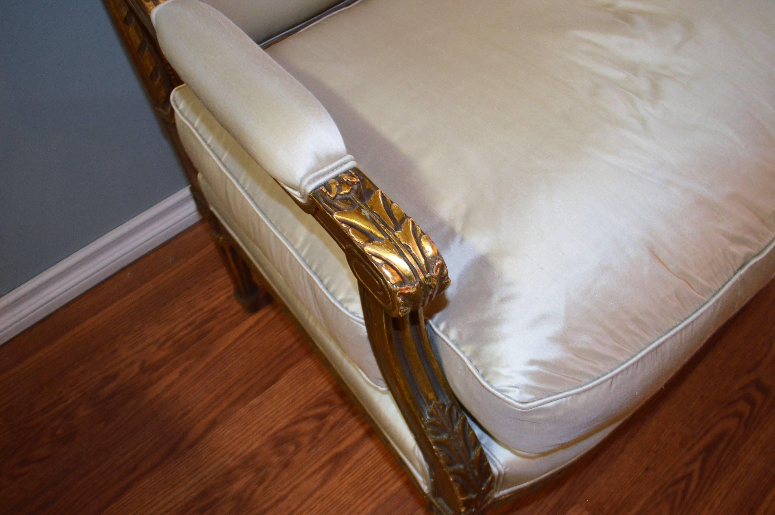 French Louis XVI Style Gilded Sofa from France, Newly Upholstered in Grey Silk Fabric