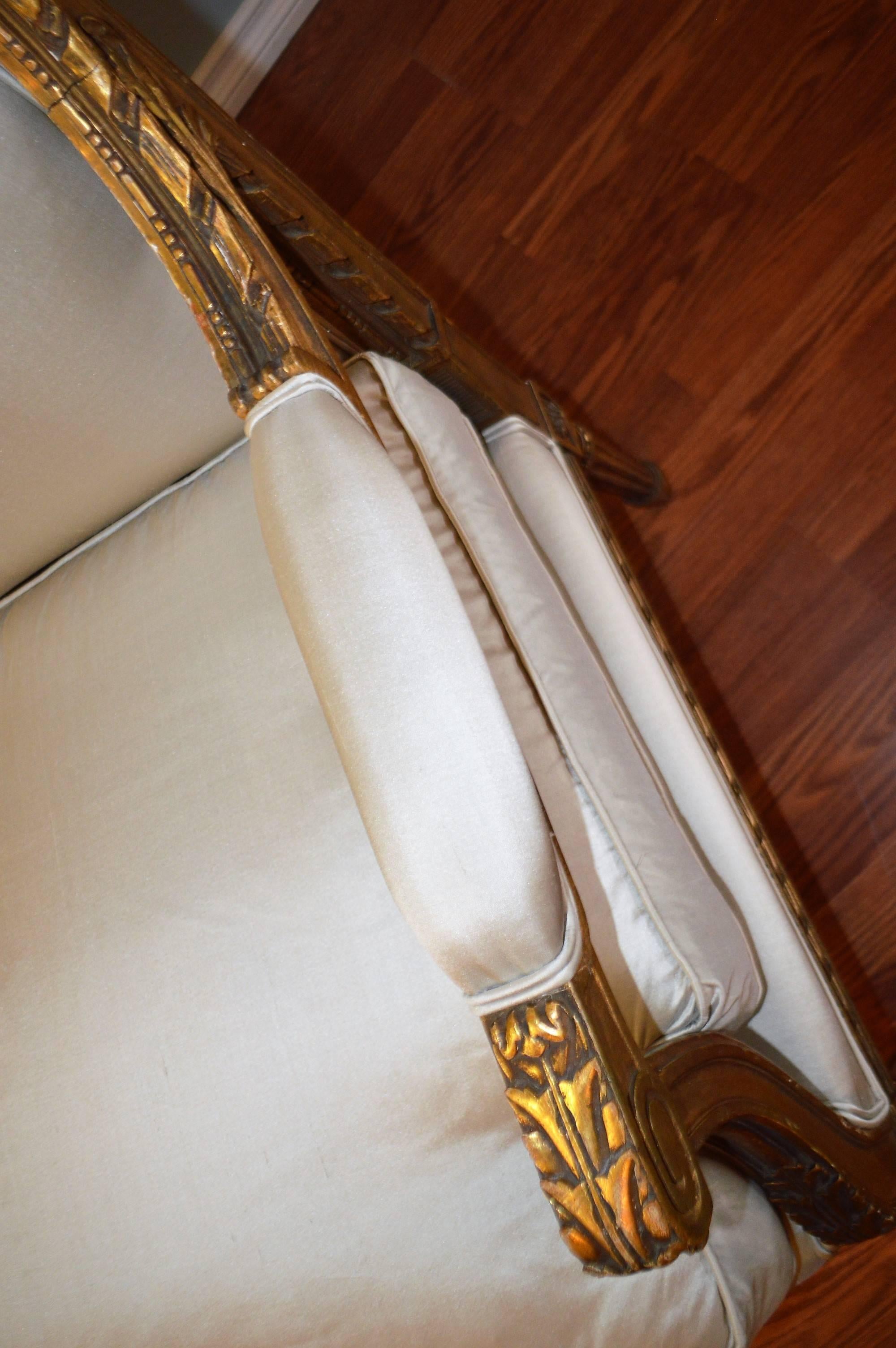 Louis XVI Style Gilded Sofa from France, Newly Upholstered in Grey Silk Fabric In Excellent Condition In Oakville, ON