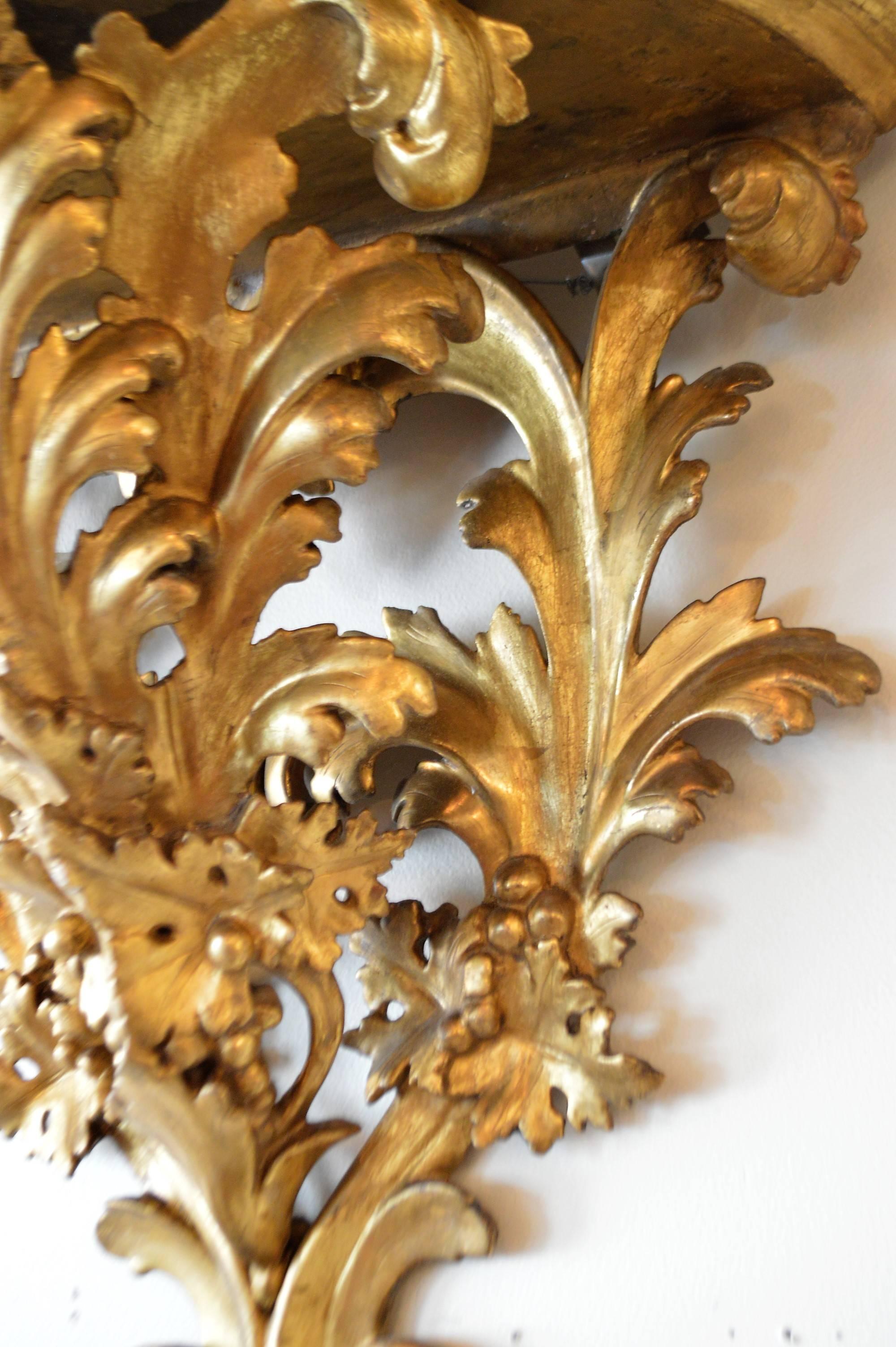 Italian 19th Century Wall Shelf Console, Hand-Carved and Gilded, Faux Marble Top