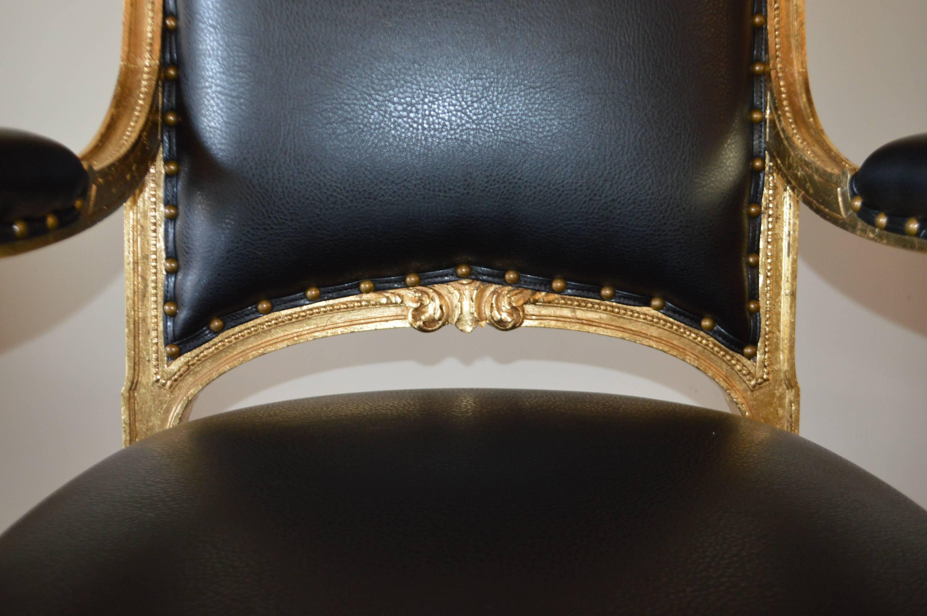 Pair of Louis XVI Style Gilded Armchairs Newly Upholstered in Black Faux Leather In Excellent Condition In Oakville, ON