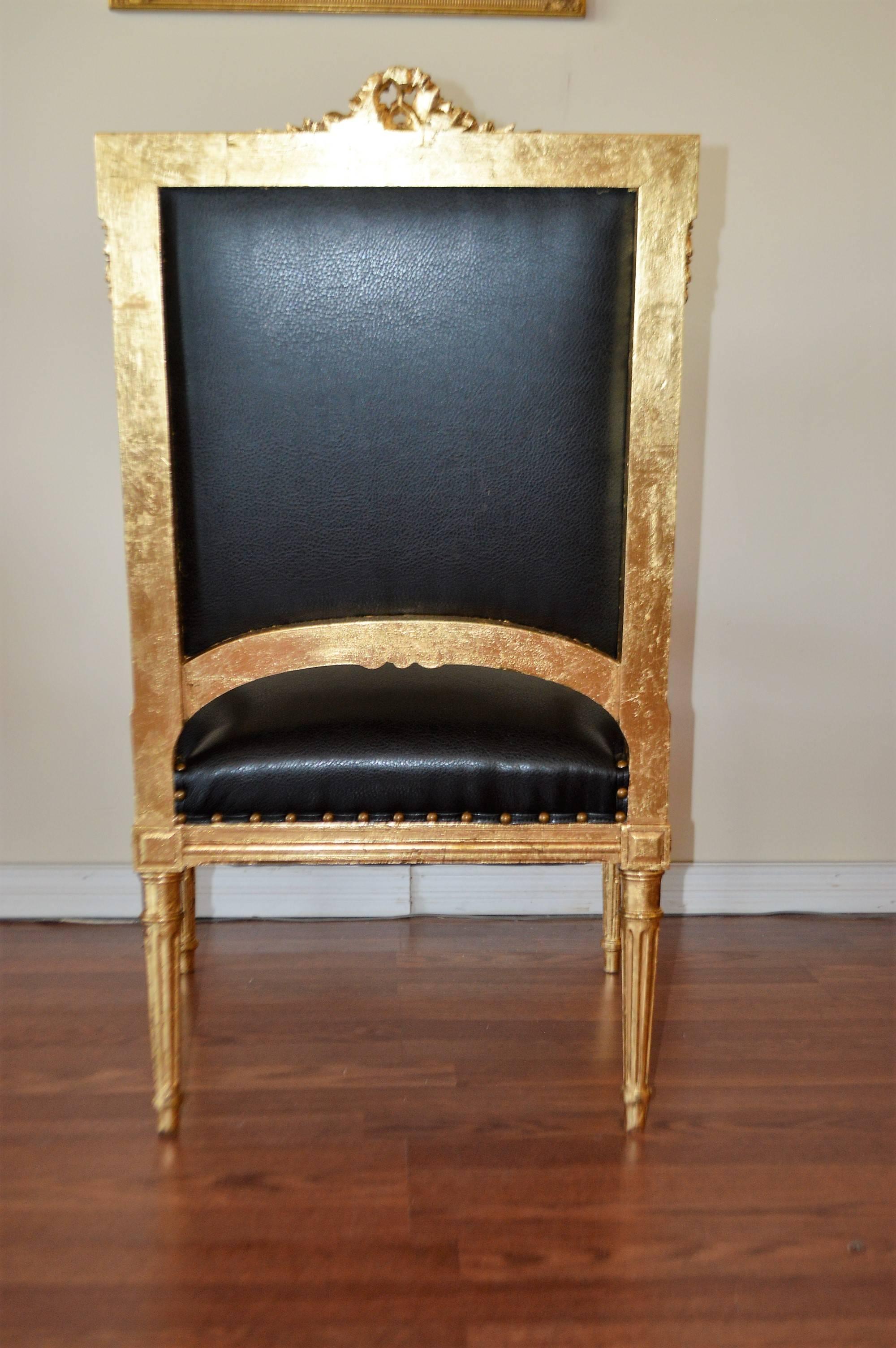 Pair of Louis XVI Style Gilded Armchairs Newly Upholstered in Black Faux Leather 1