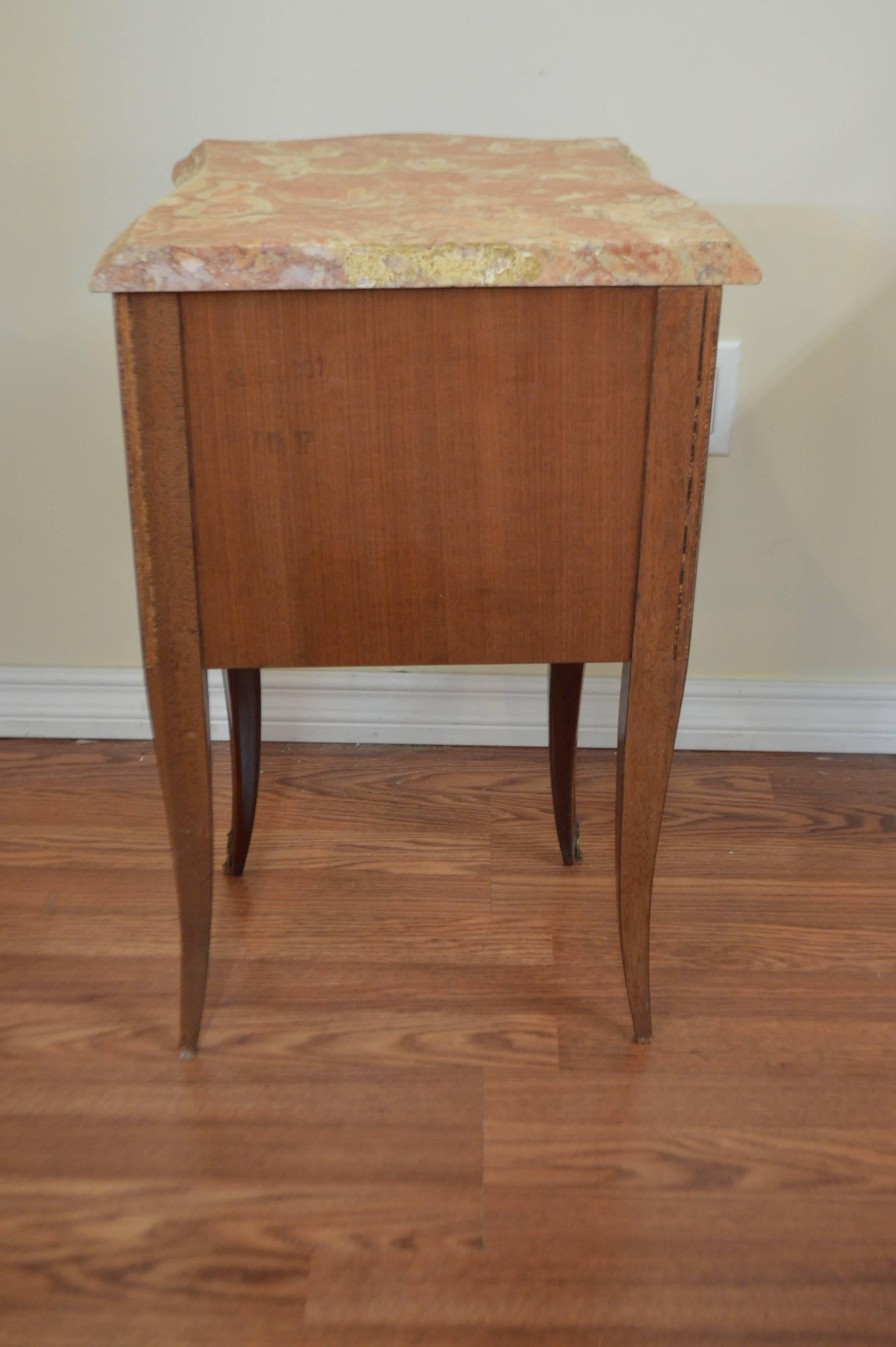 Pair of Louis XV Style Inlay Side Tables, Two Drawers and Marble Topsop 1