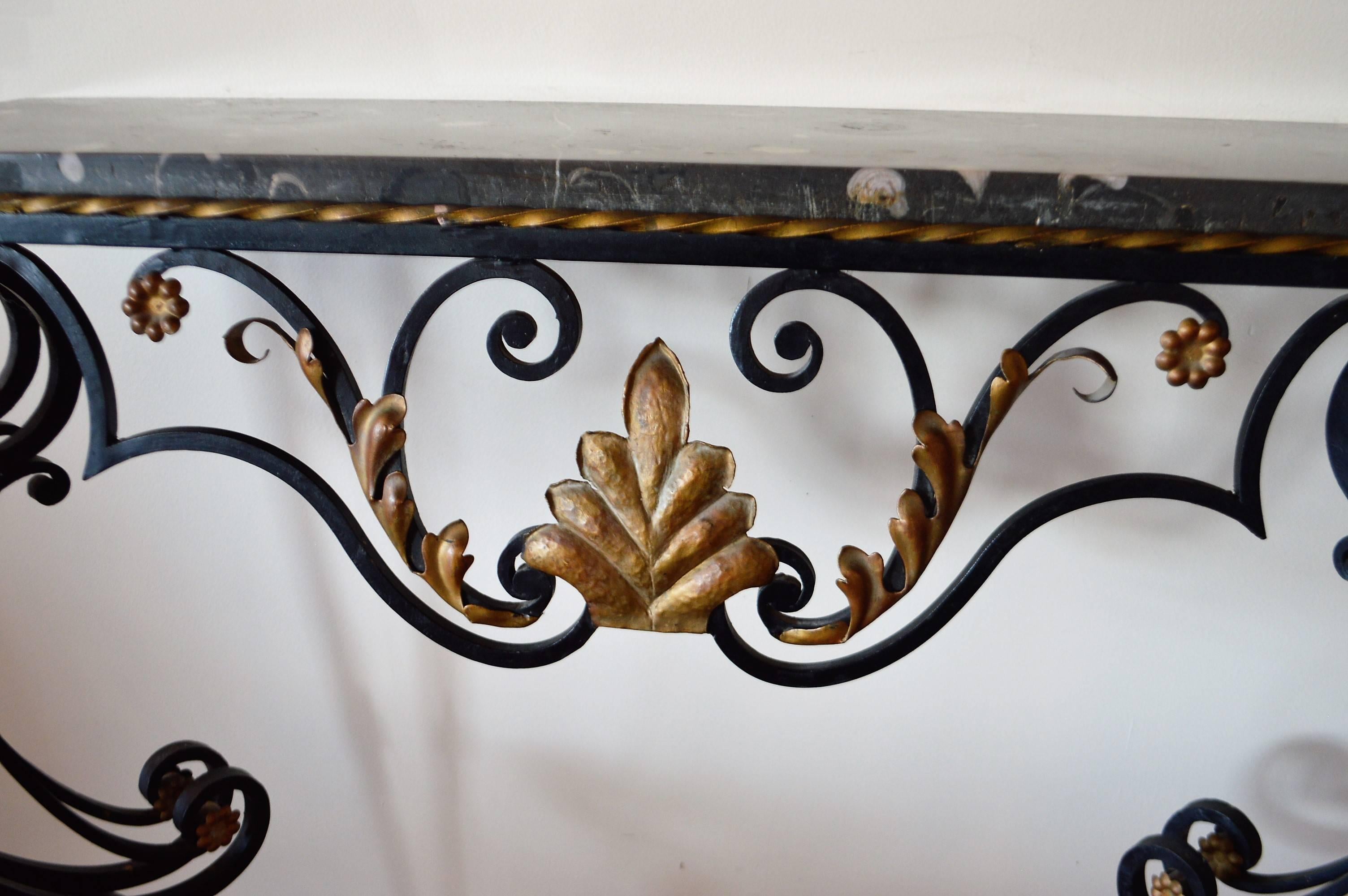 French Louis XV Style Hand-Forged Black Wrought Iron Console with Gilt and Marble Top For Sale