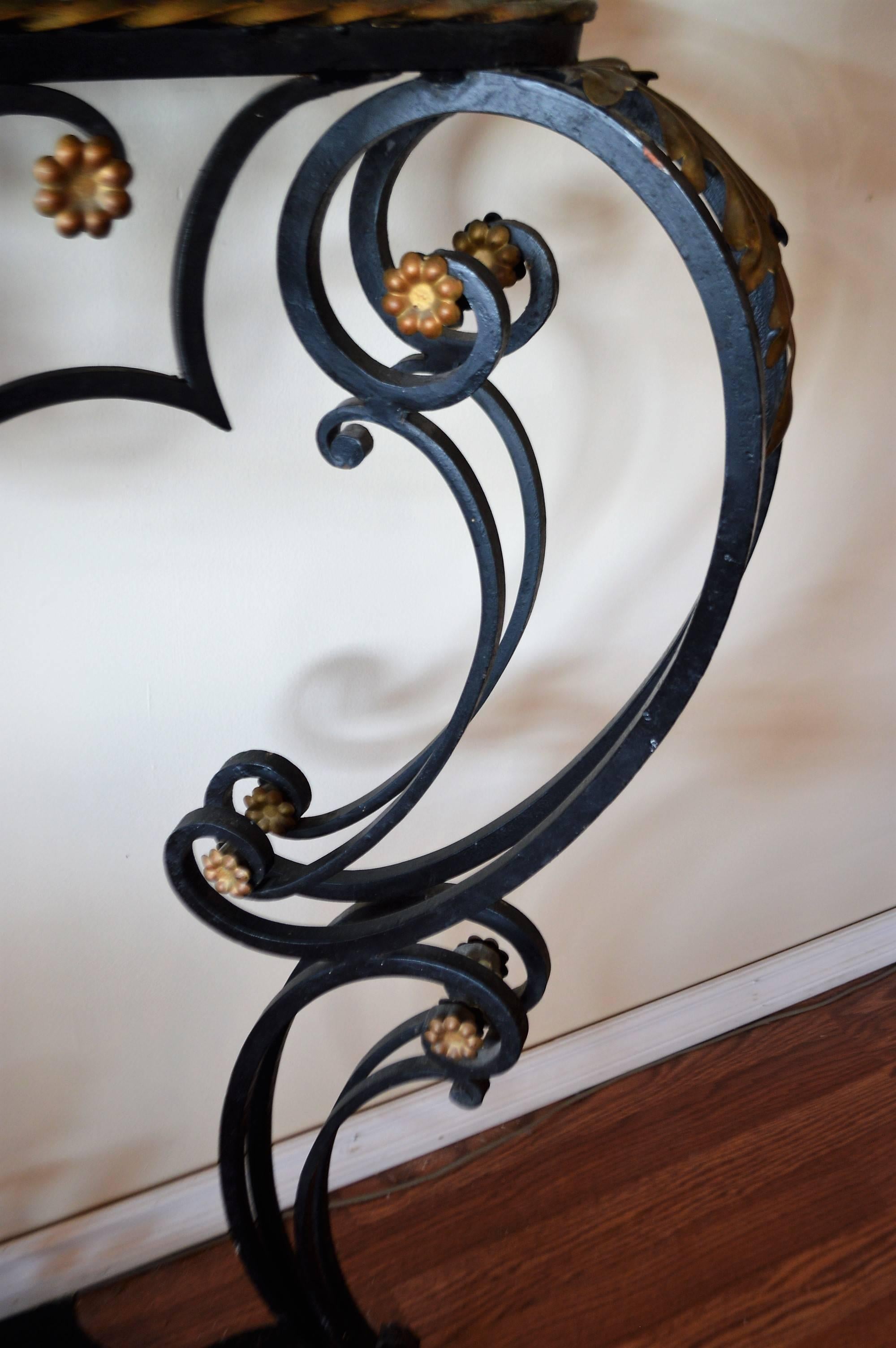 Louis XV Style Hand-Forged Black Wrought Iron Console with Gilt and Marble Top In Excellent Condition For Sale In Oakville, ON
