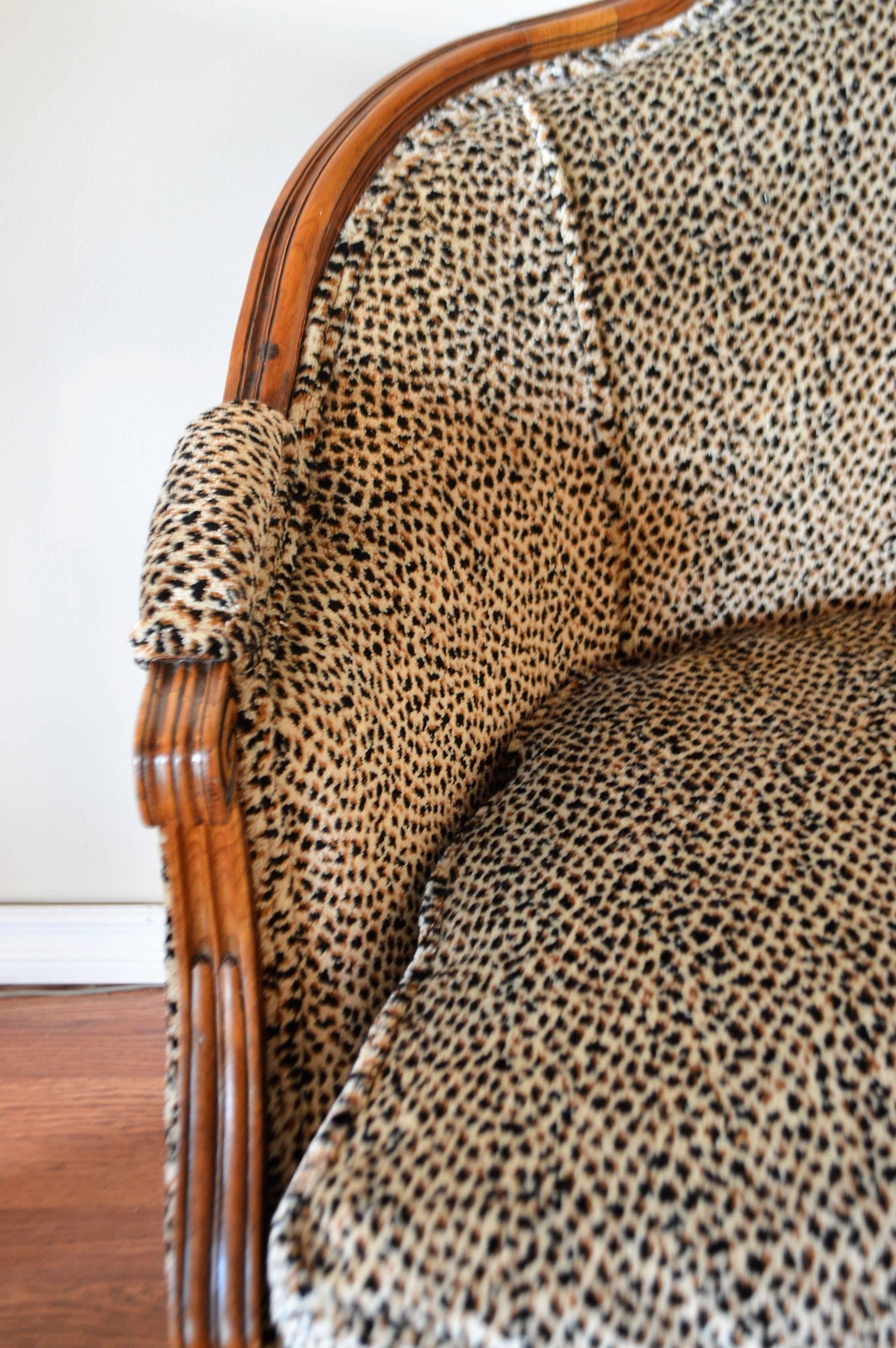 French Louis XVI Style Walnut Sofa Newly Upholstered in a Leopard Pattern Chenille