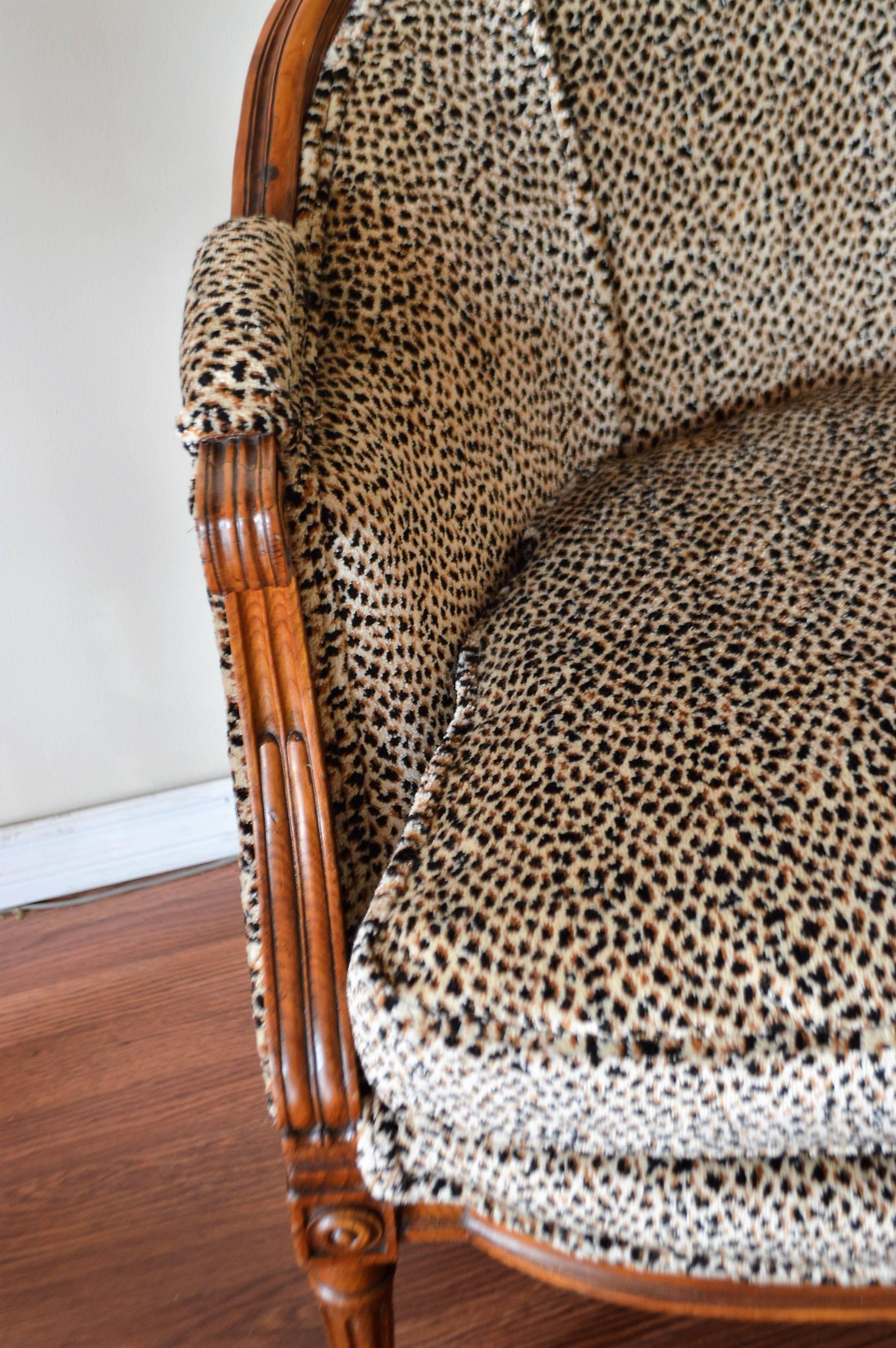 Louis XVI Style Walnut Sofa Newly Upholstered in a Leopard Pattern Chenille 1