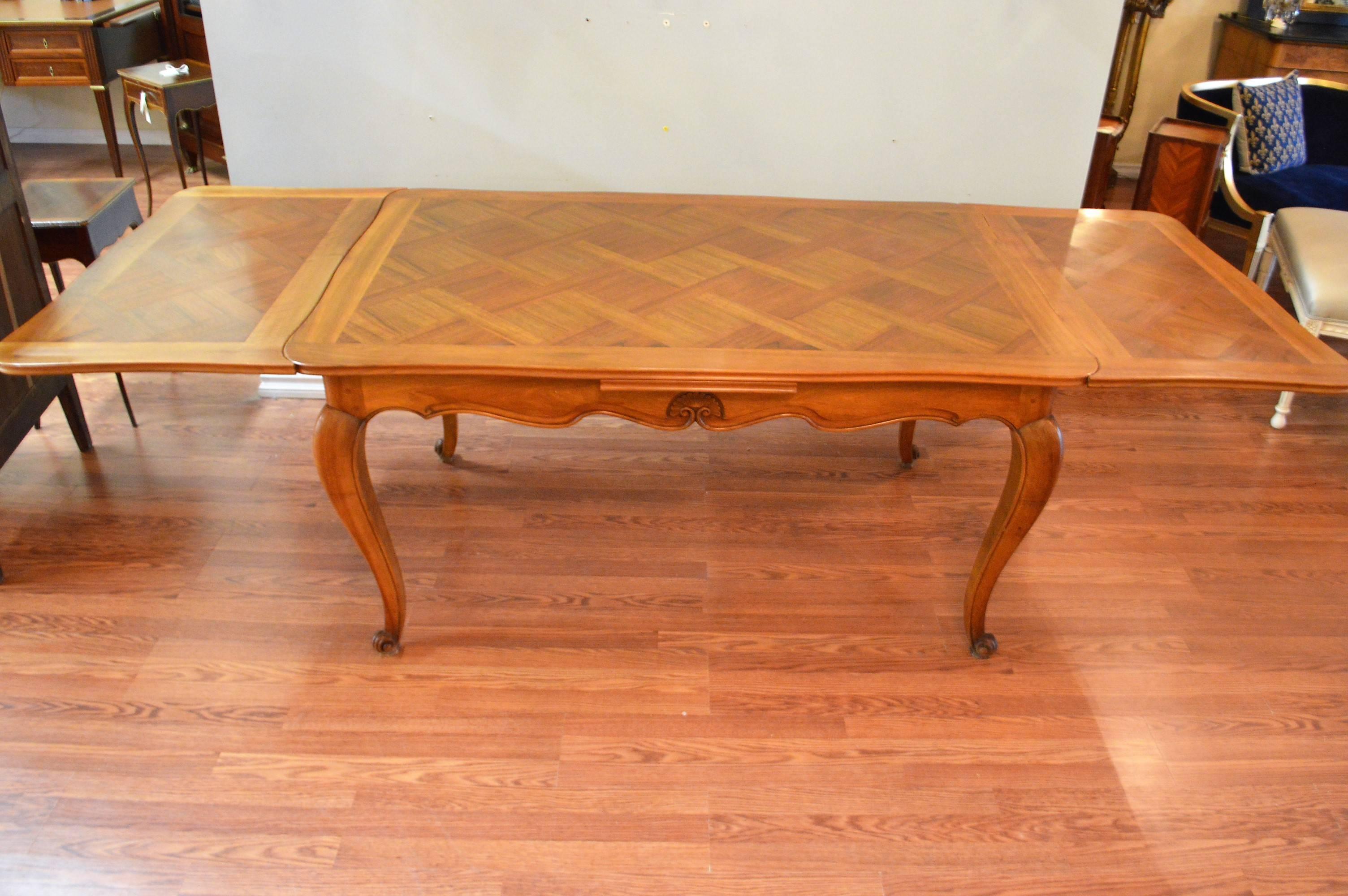 Louis XV Style Walnut French Country Dining Table, Parquetry Top, Two Extensions 2