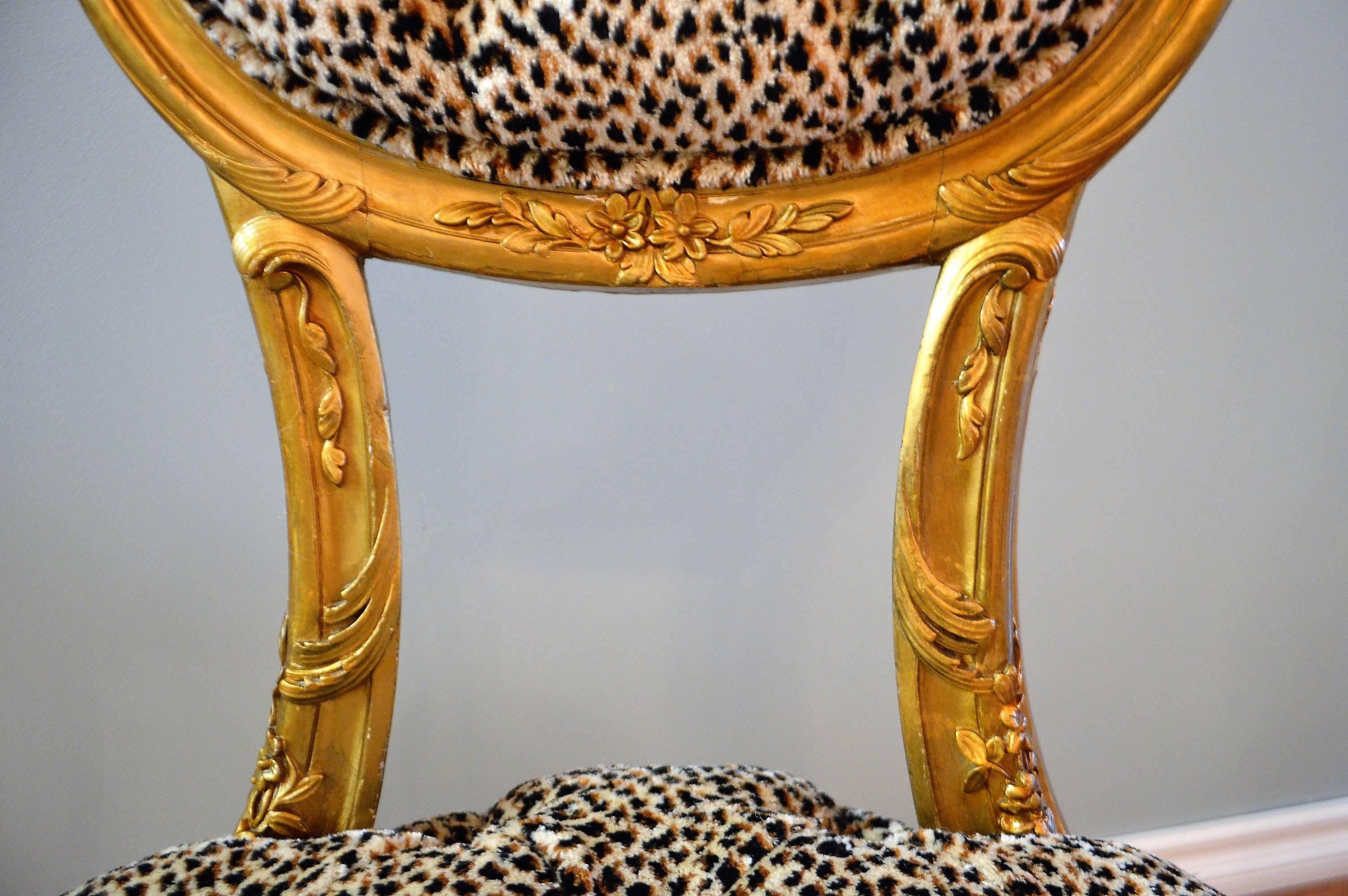 Gilt Pair of Louis XV Style Gilded Side Chairs, Upholstered in Leopard Type Fabric