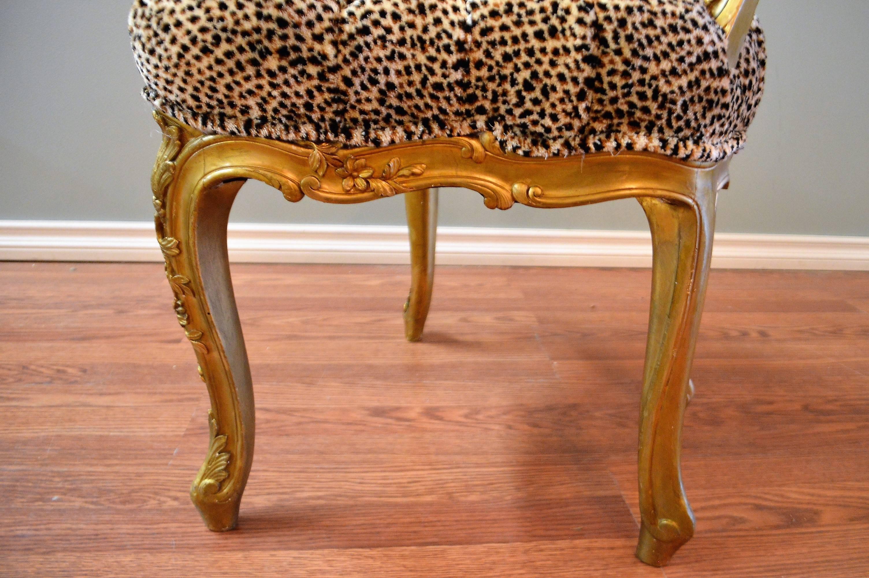 20th Century Pair of Louis XV Style Gilded Side Chairs, Upholstered in Leopard Type Fabric