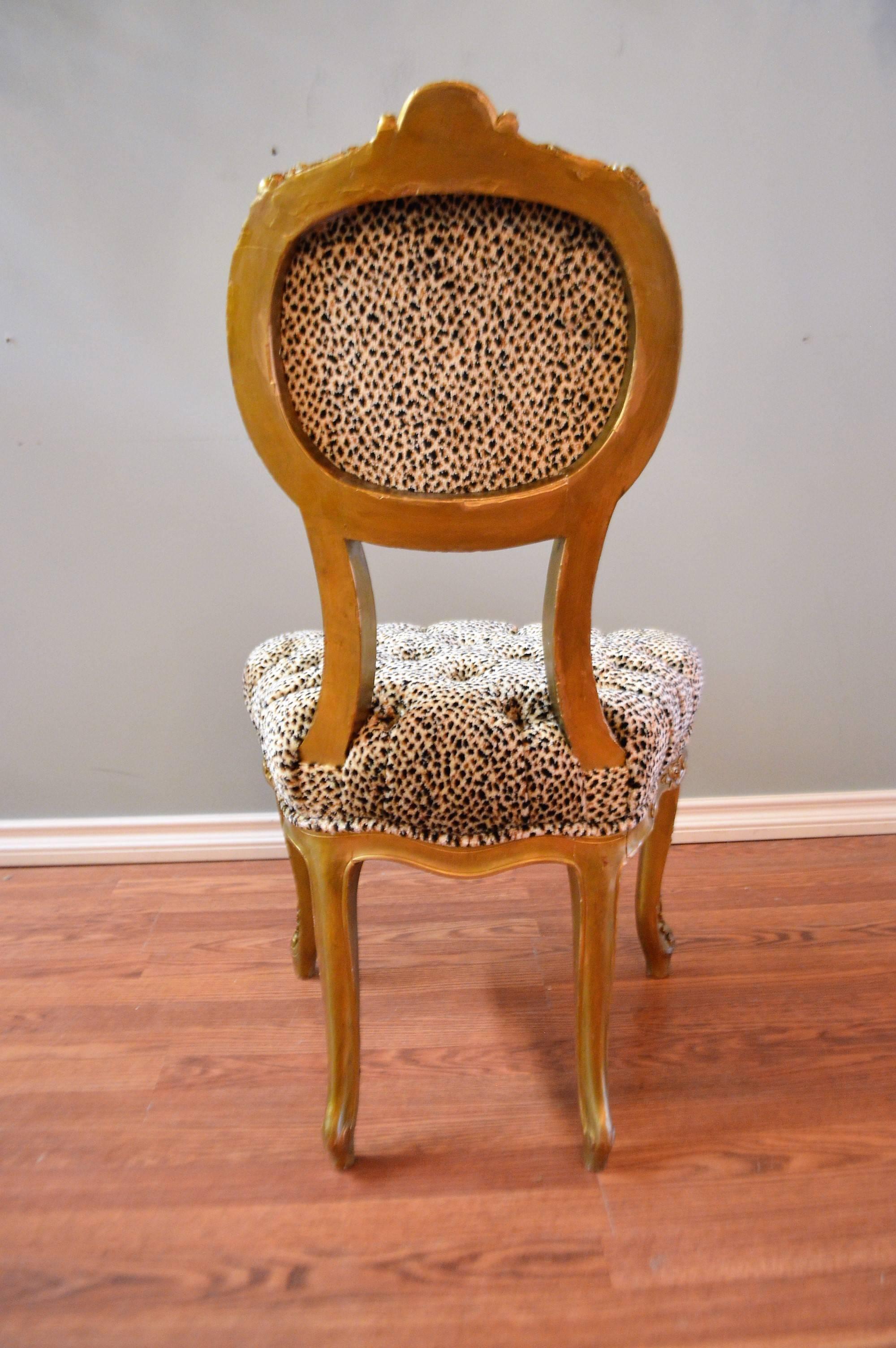 Chenille Pair of Louis XV Style Gilded Side Chairs, Upholstered in Leopard Type Fabric