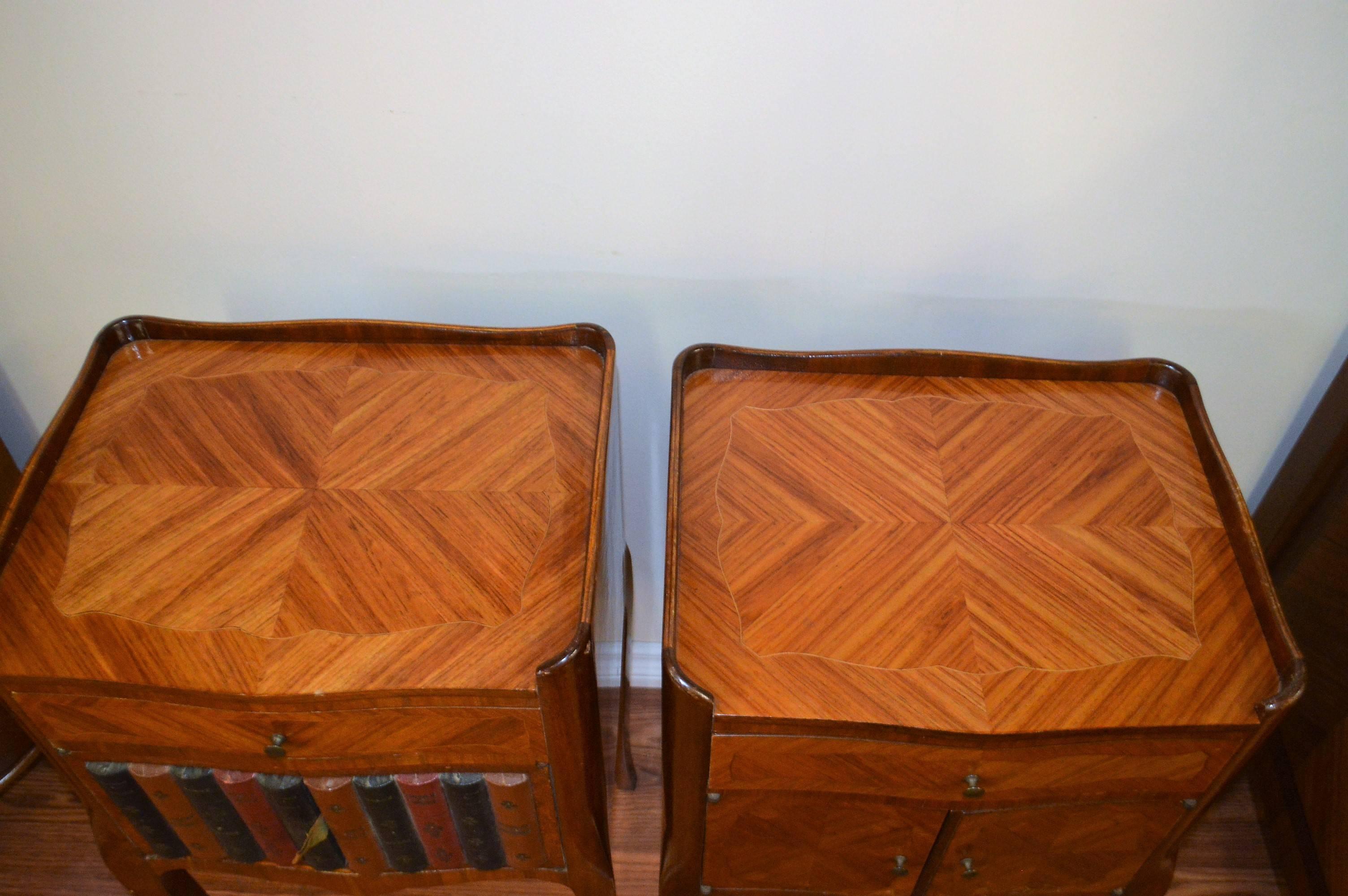 Pair of Transitional Inlay Wood Side Tables One with Faux Leather Books Exterior 2