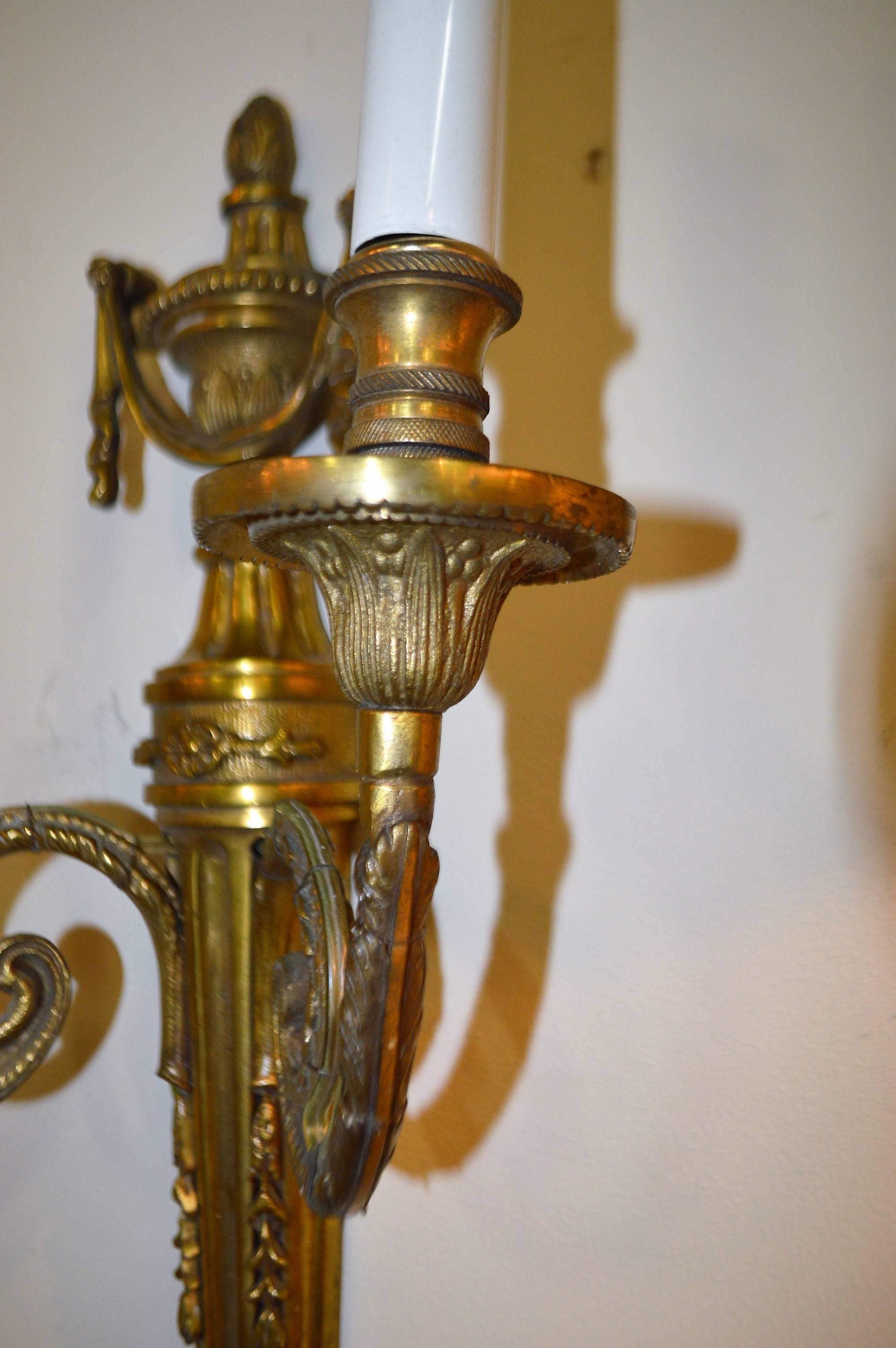 French 19th Century Pair of Empire Style Bronze Two-Light Sconces