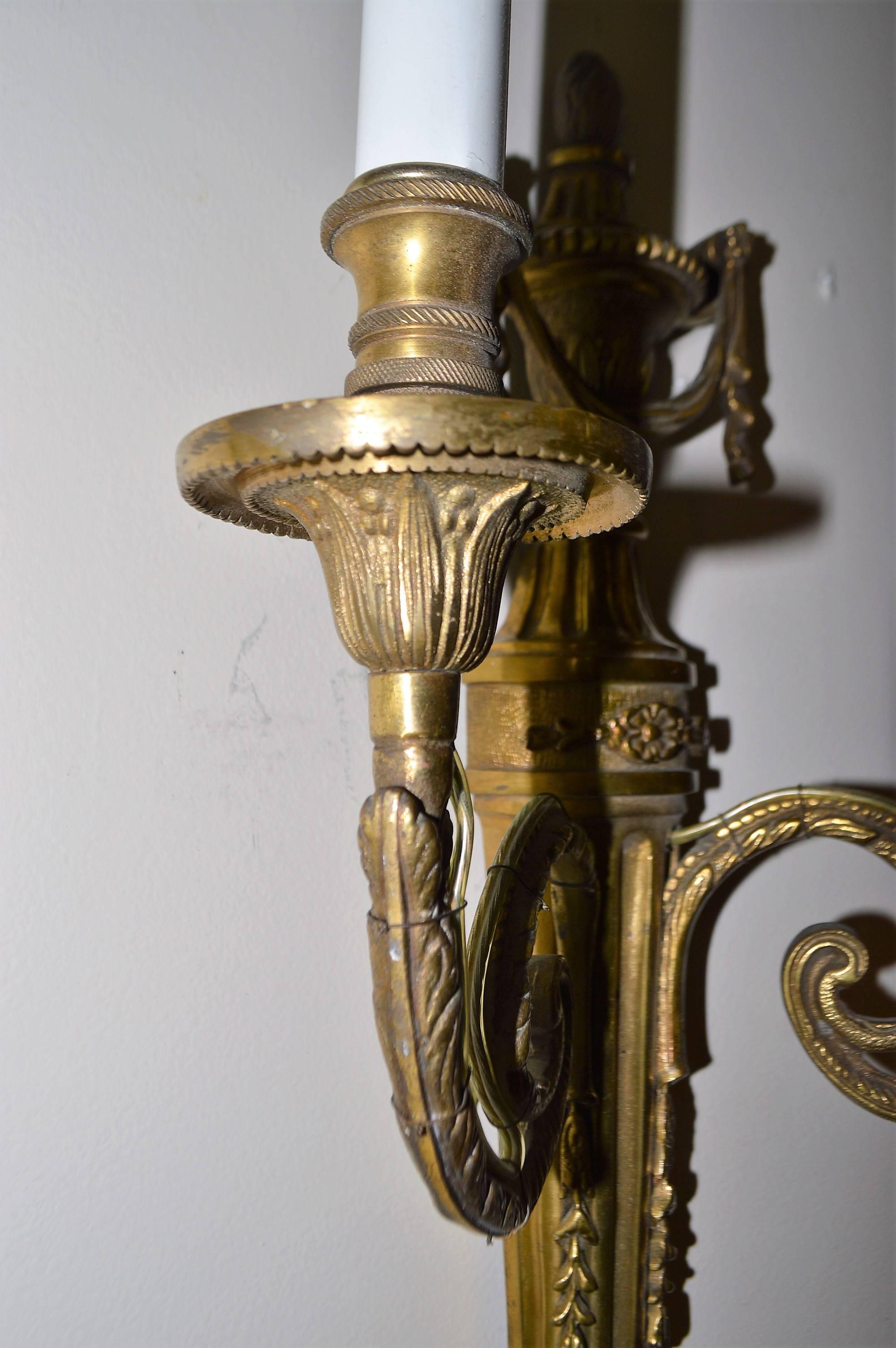 19th Century Pair of Empire Style Bronze Two-Light Sconces In Excellent Condition In Oakville, ON