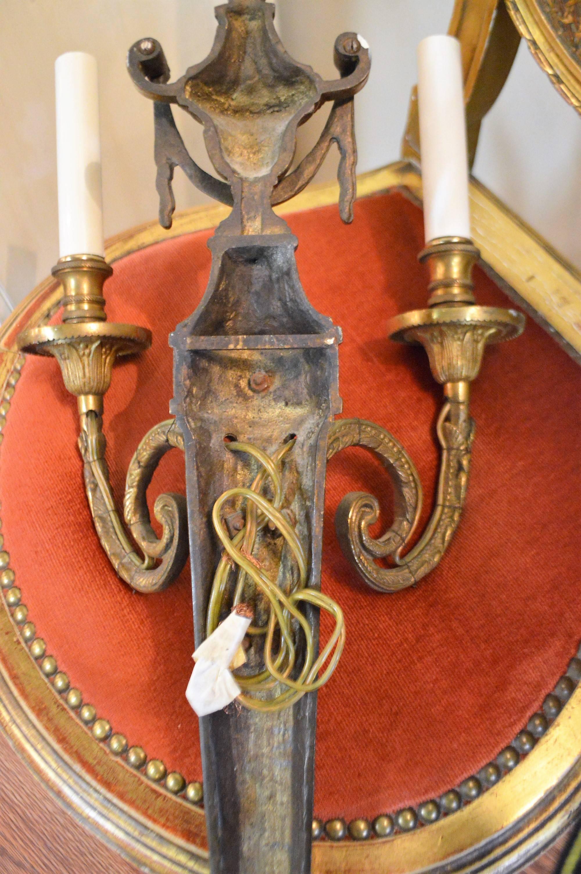 19th Century Pair of Empire Style Bronze Two-Light Sconces 5