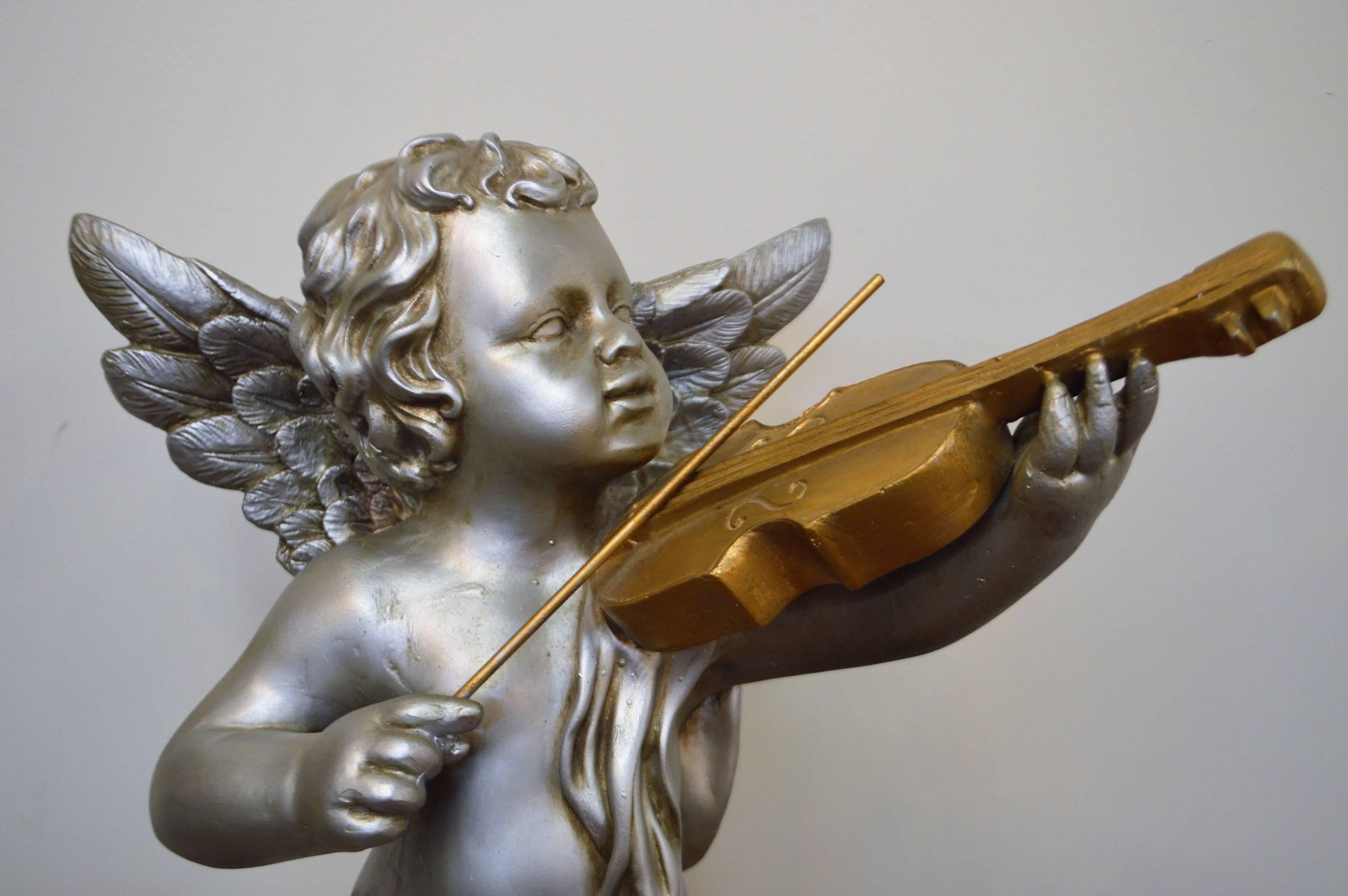 Pair of Silver Ornamental Musician Cherub Sculptures In Excellent Condition In Oakville, ON