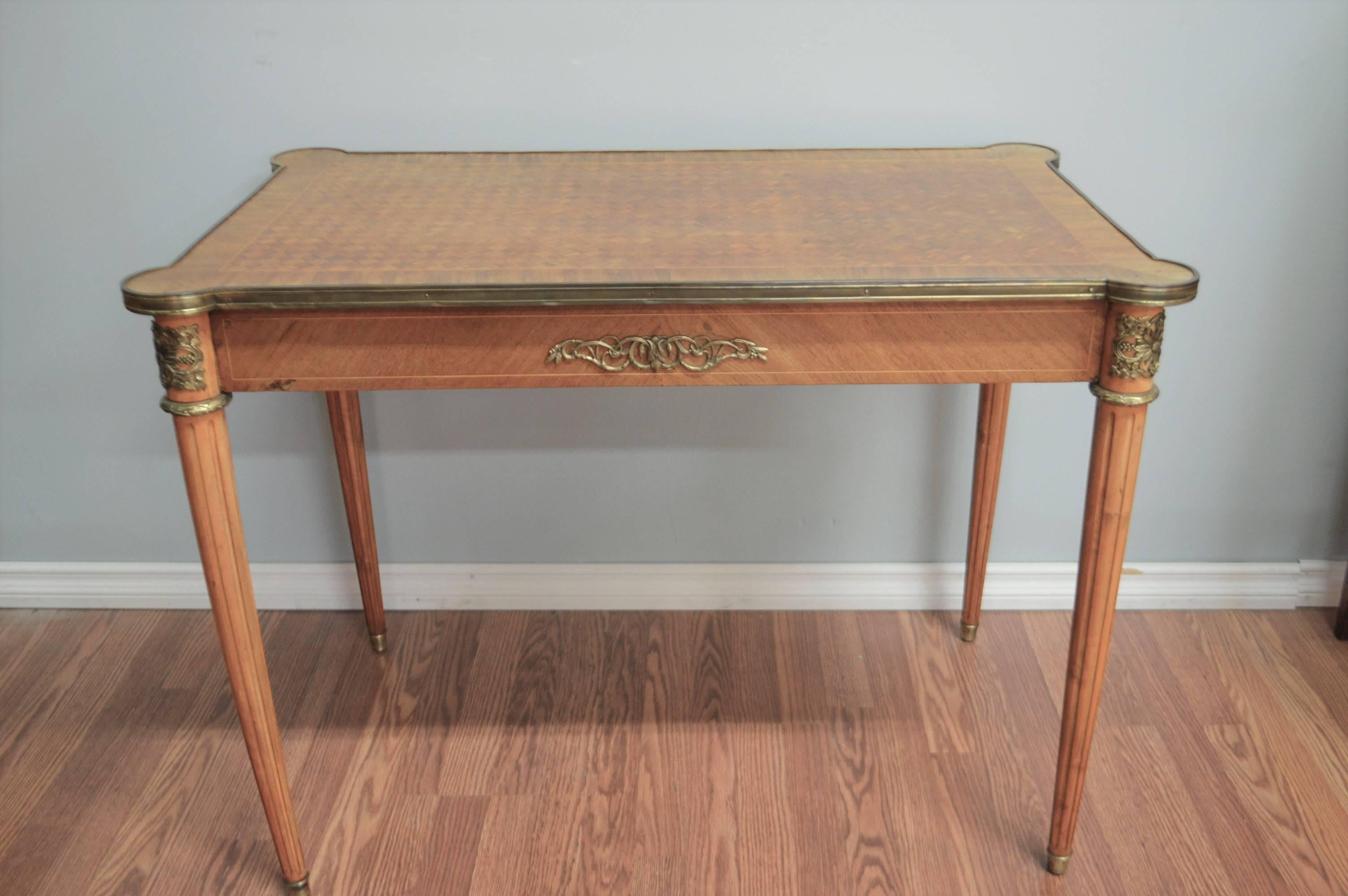 20th Century Louis XVI Style Writing Table with Diamond In-Lay Top, Bronze Ornaments, Drawer