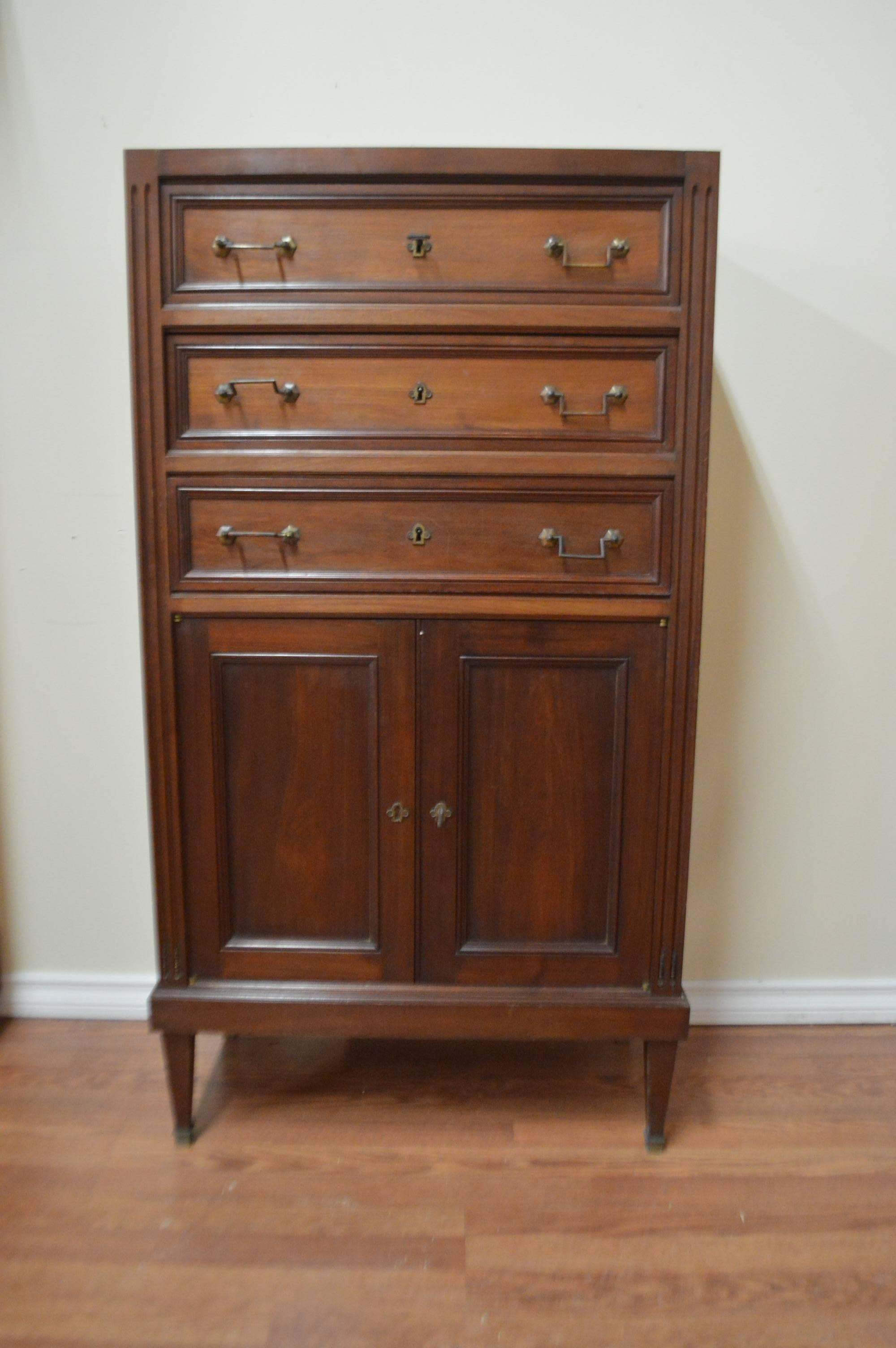 French Louis XVI Style Mahogany Cabinet, Three Drawers Top and Two-Door Compartment