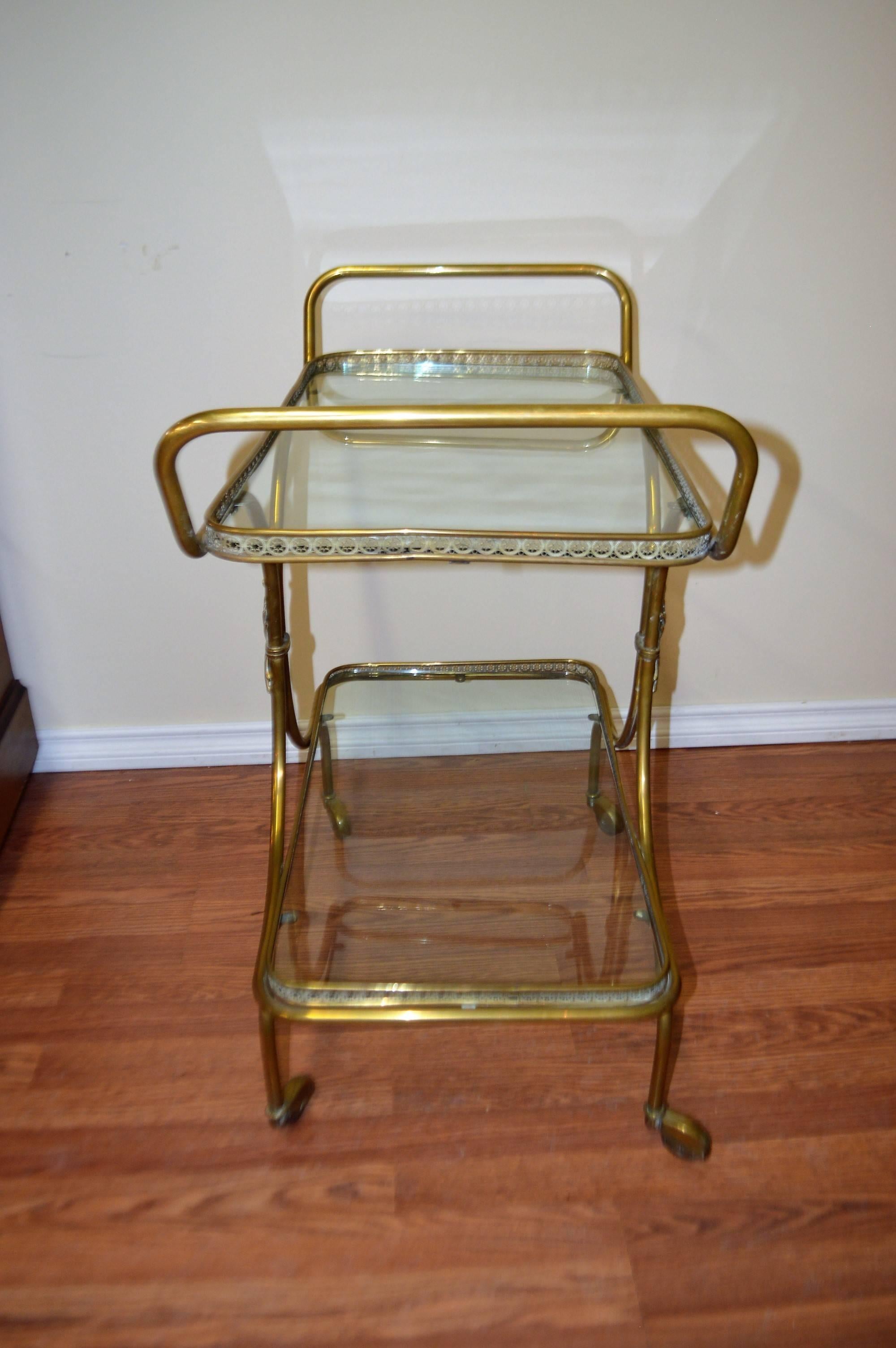 Neoclassical European Neoclassic Style, Decorative Brass Bar Cart with Two Glass Trays For Sale