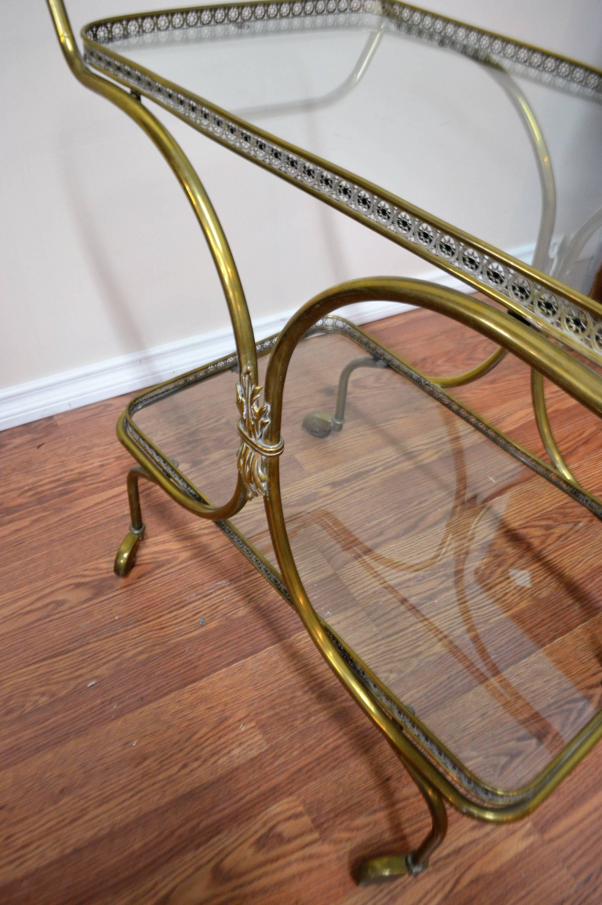 20th Century European Neoclassic Style, Decorative Brass Bar Cart with Two Glass Trays For Sale