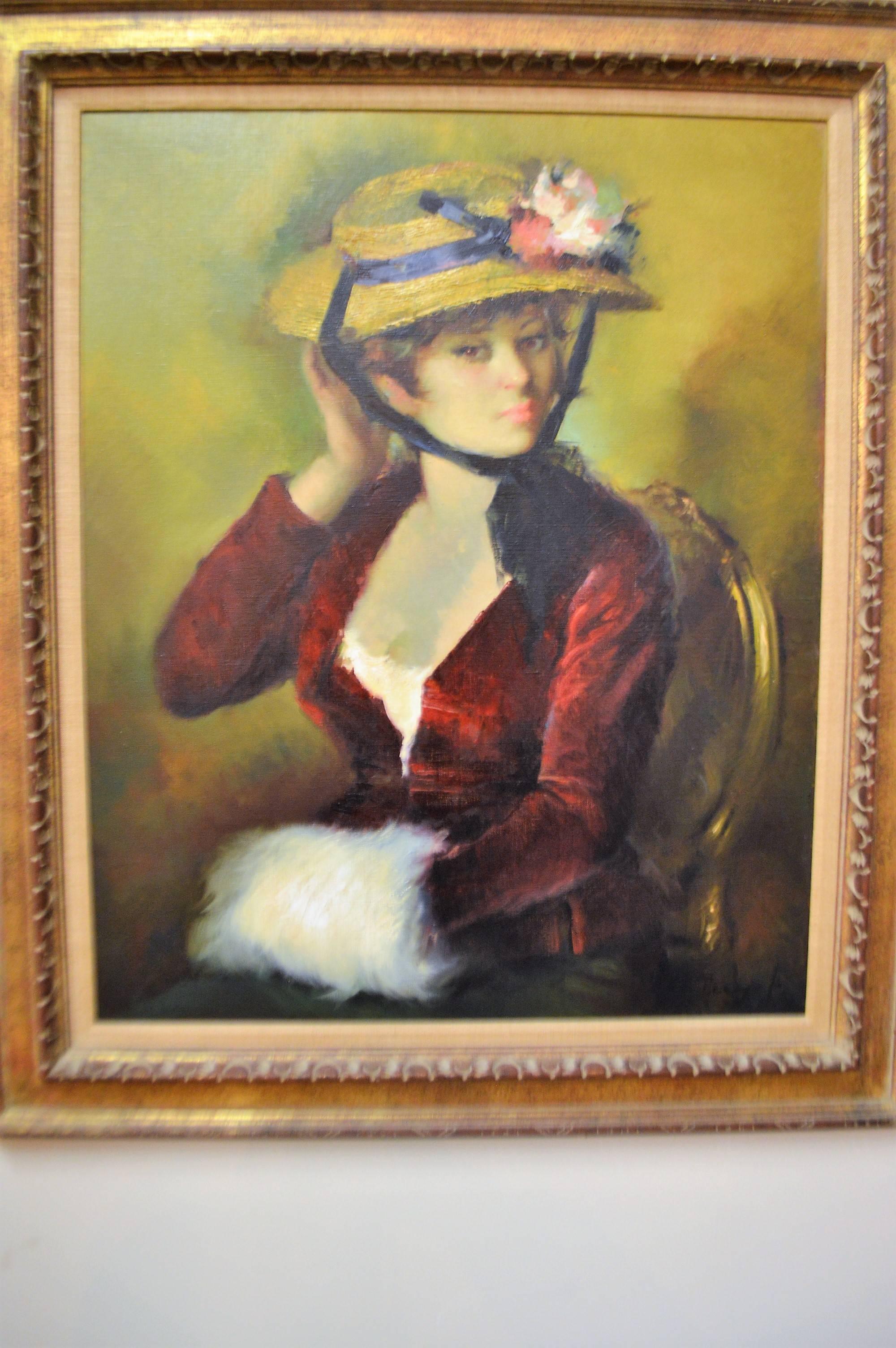 Charming and decorative oil painting of a pretty French woman wearing a straw hat.
The painting is sign on the right corner but illegible. The wooden frame is in good condition.