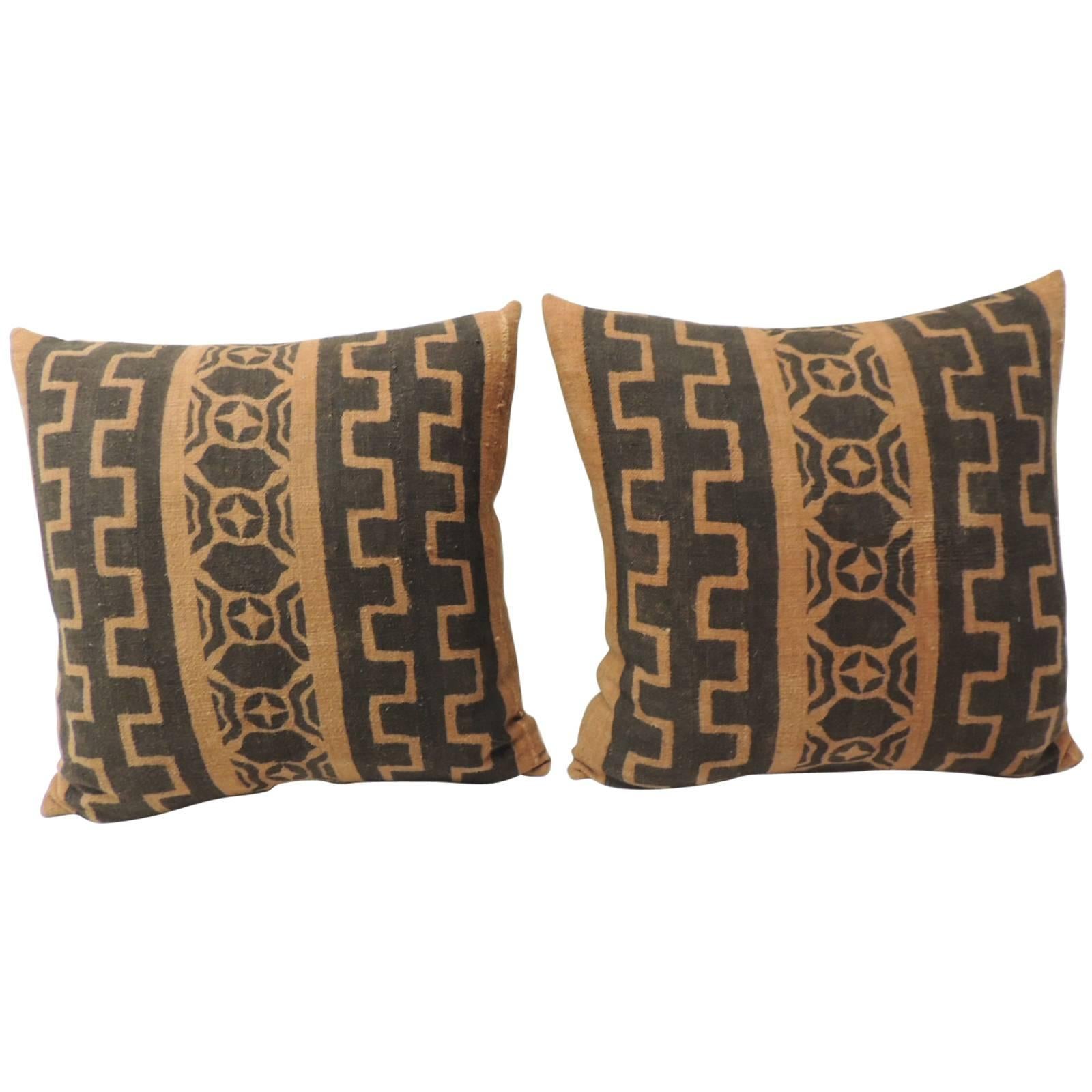 Pair of African Brown Woven Decorative Pillows with Tribal Pattern