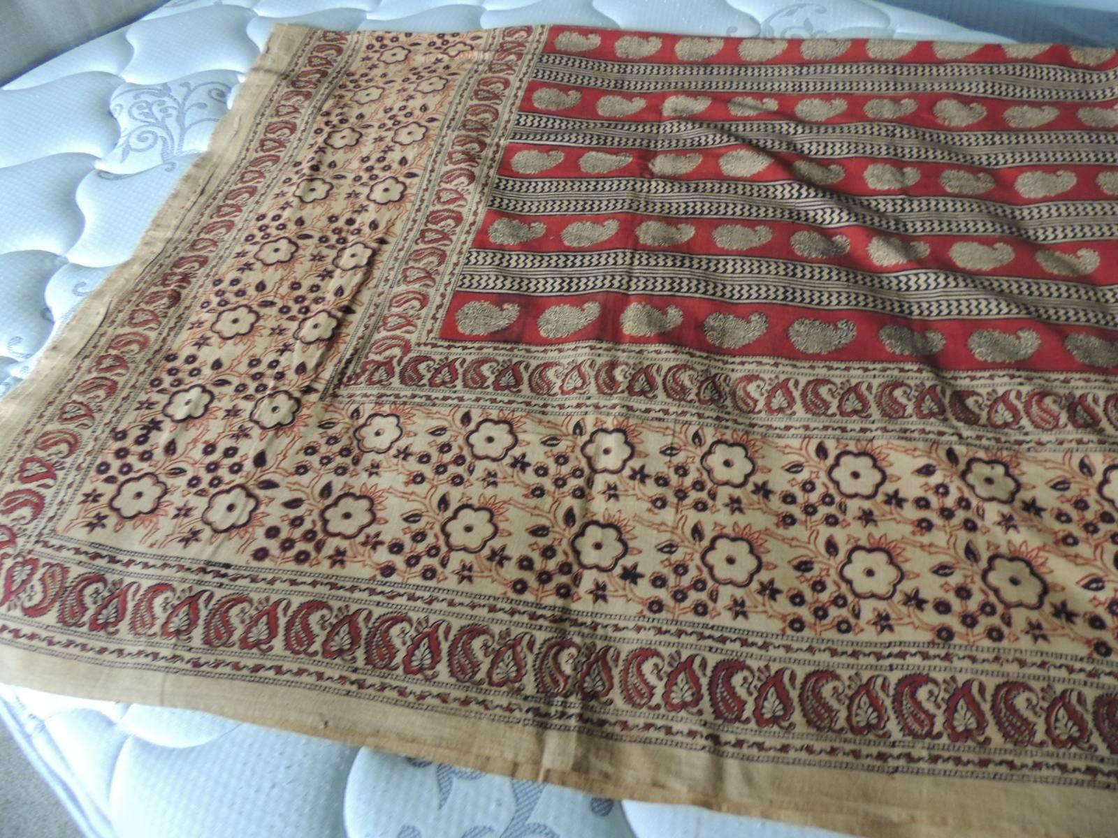 Indian Vintage Hand-Blocked Qalamkar Cotton Paisley Coverlet