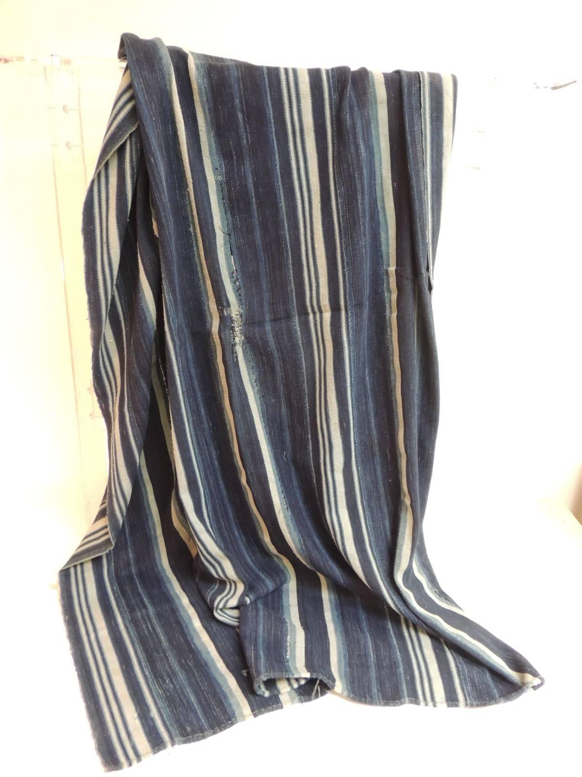 African Vintage Yoruba and Baule Warp Ikat Indigo and Light Blue Stripes Cloth
