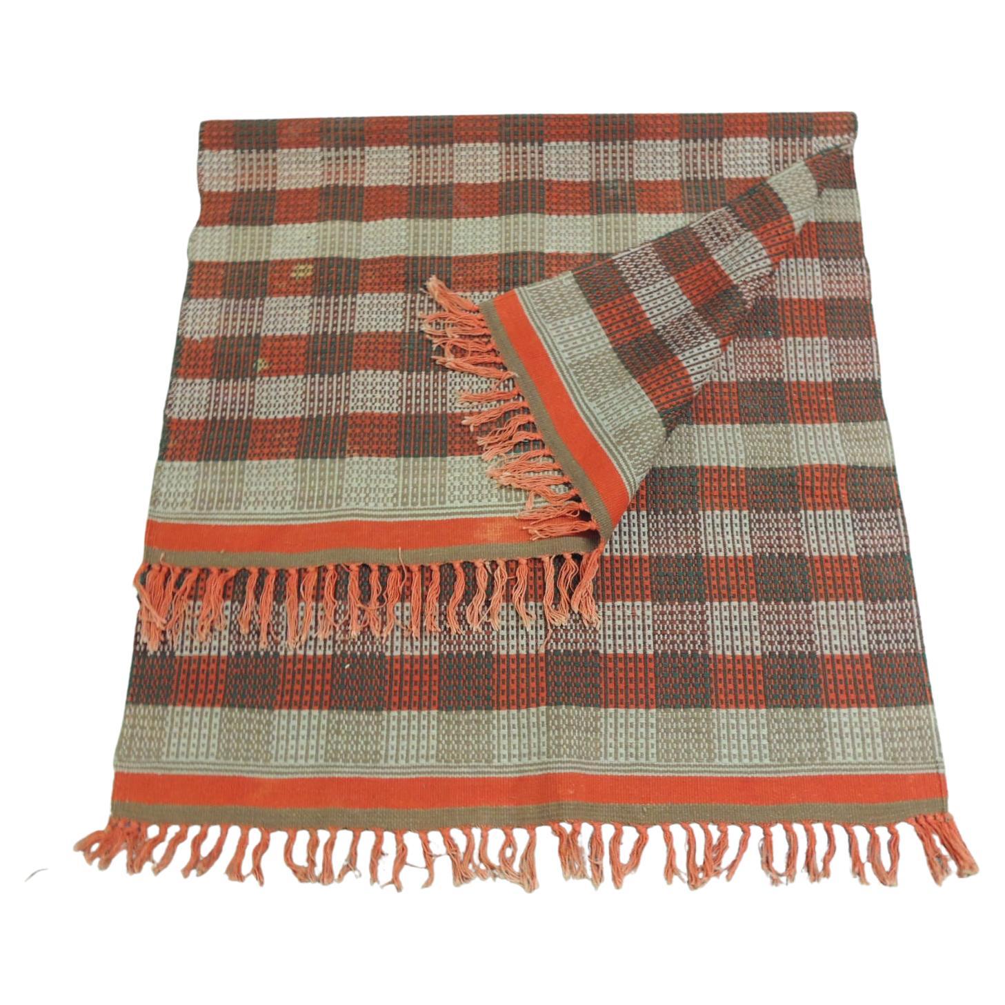 Orange Plaid Indian Woven Rug For Sale
