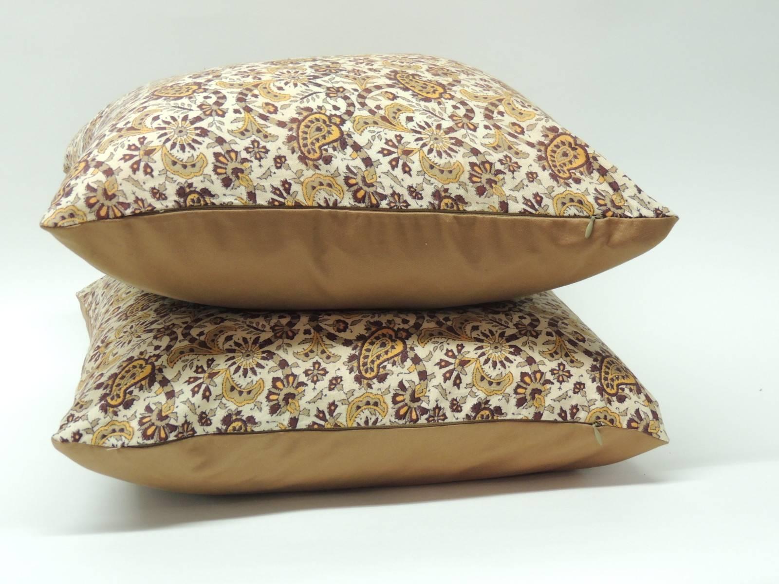 British Colonial Pair of Yellow Paisley Indian Batik Decorative Pillows
