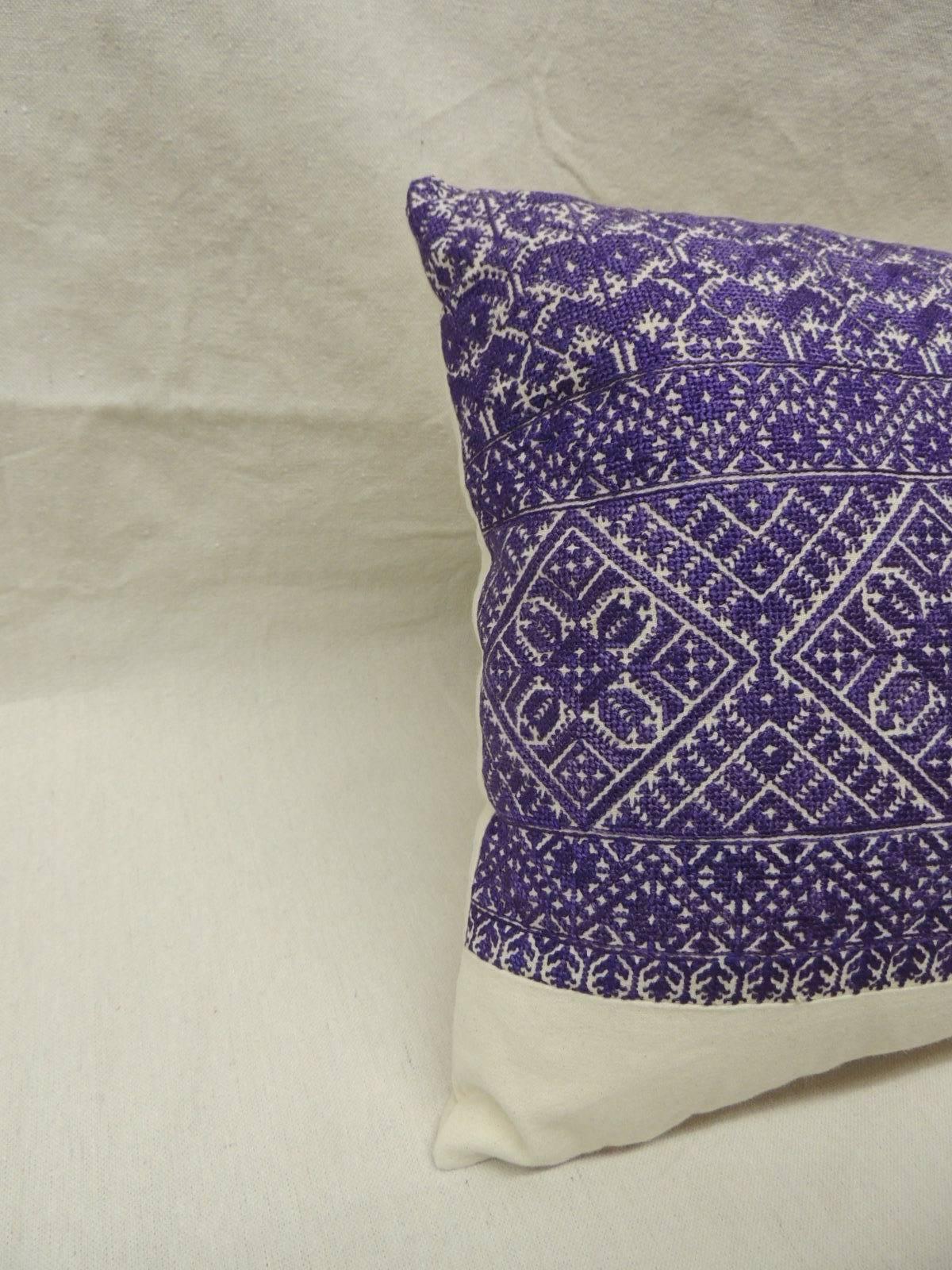 Antique Textiles Galleries...
Purple embroidery Fez antique textile bolster pillow with natural linen frame and backing.  Pillow hand-made and designed in the USA.  Closure by stitch (no zipper) with custom made pillow insert.
Ideal for a sofa, club