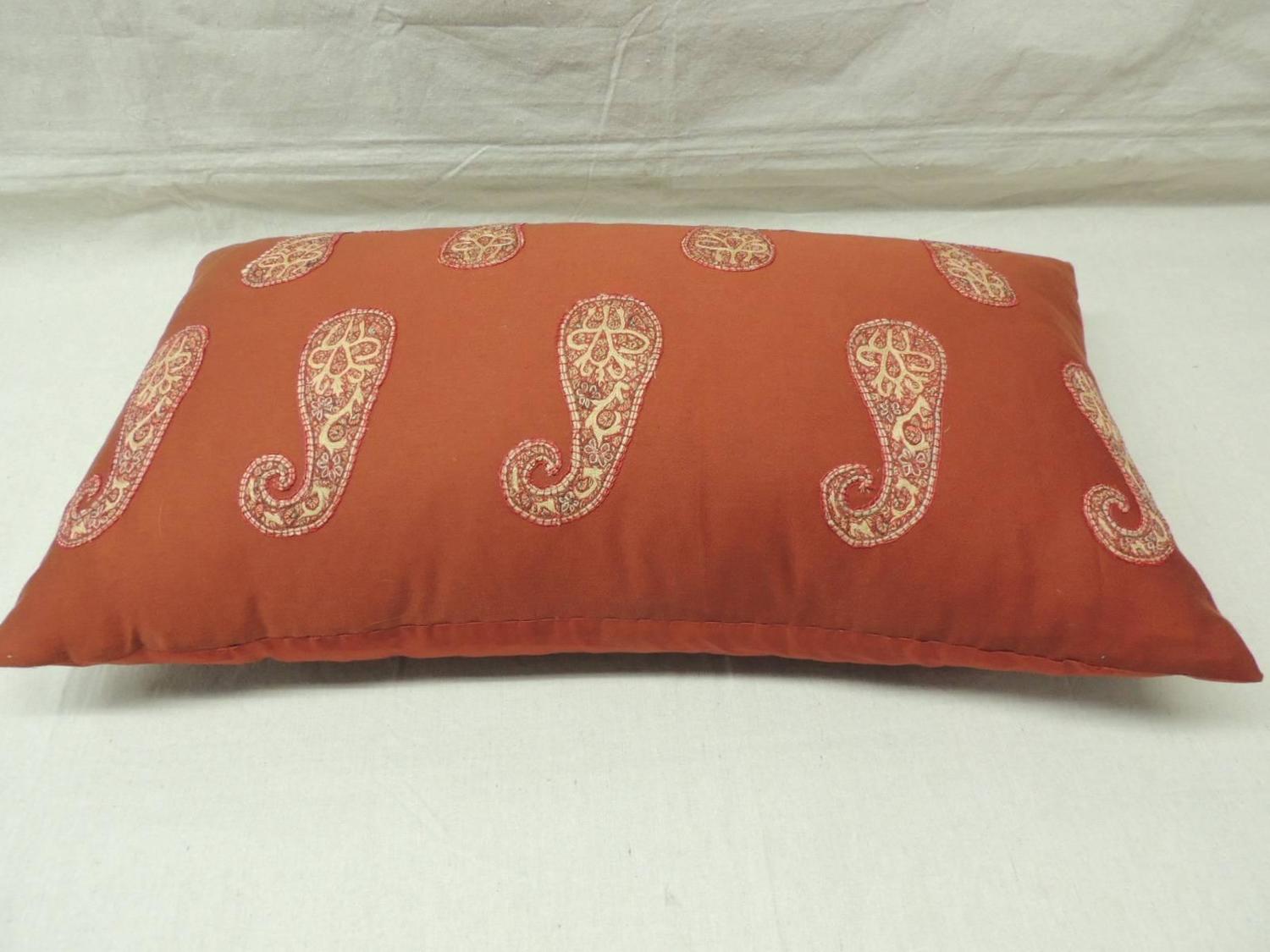 Antique Red Paisley Applique Persian Long Bolster Pillow For Sale at