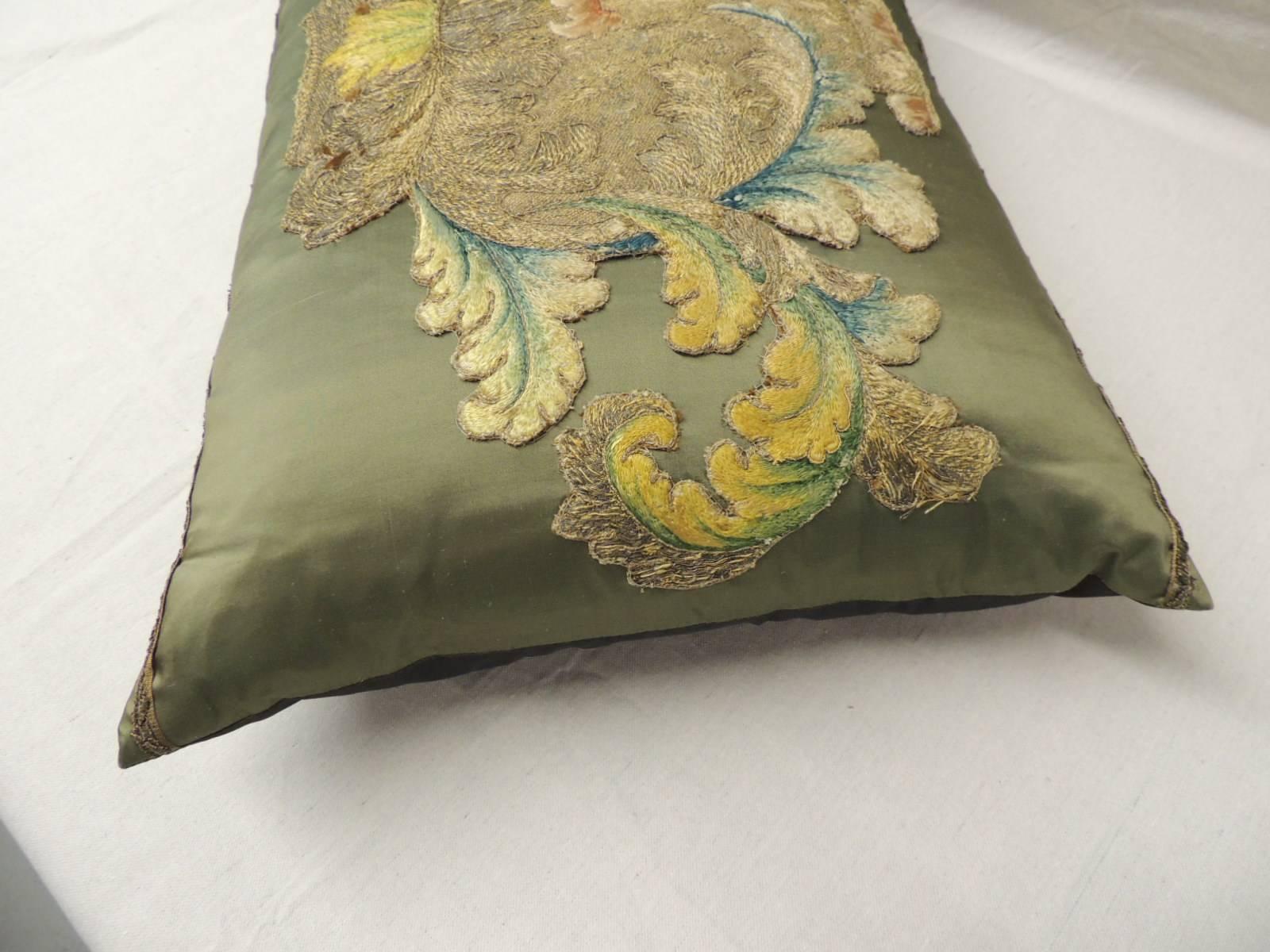 French 19th Century Silk Applique Bolster Decorative Pillow