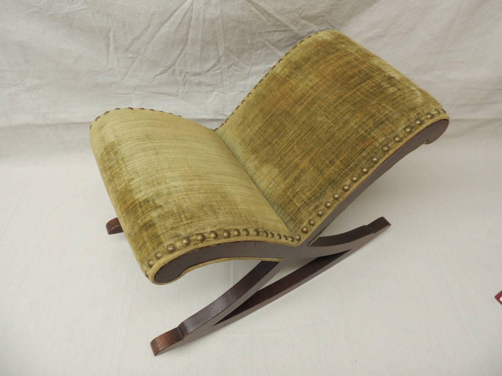Antique velvet upholstered gout stool, strie golden velvet with antique nail heads trim, wood x base frame.