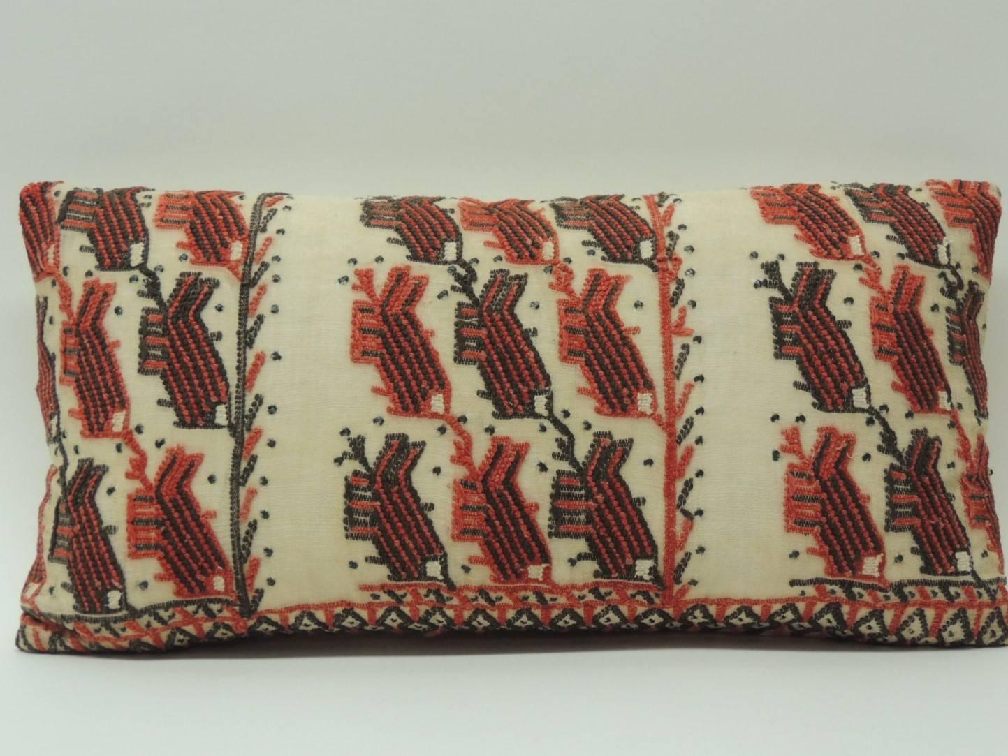 Antique Textiles Galleries...
19th century, Turkish embroidered lumbar pillow in wool and metallic threads embroidered on sheer linen with shades of red, brown and orange. Natural linen backing.  Pillow hand-made and designed in the USA.  Closure by