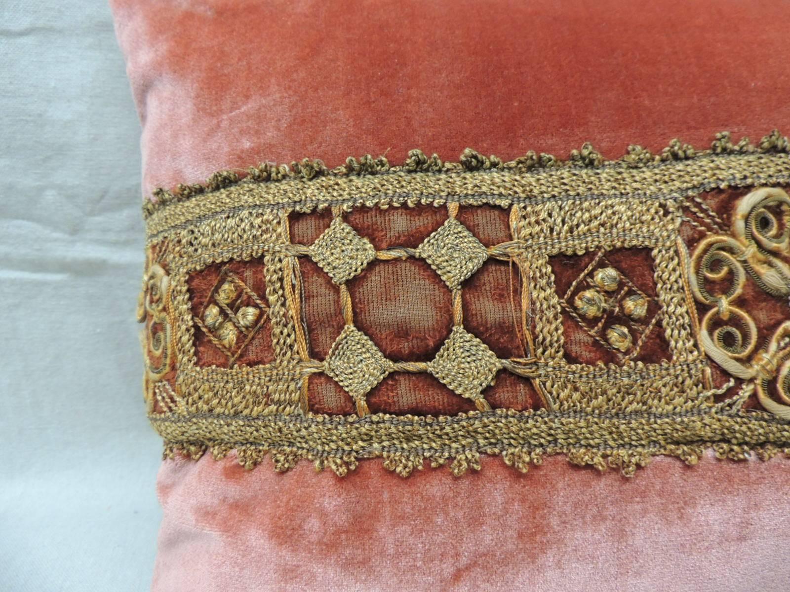 Large 18th century antique embroidered trim, metallic threads on velvet backing burnt orange silk crushed velvet, applique with small checked silk patter in yellow, orange and blue.