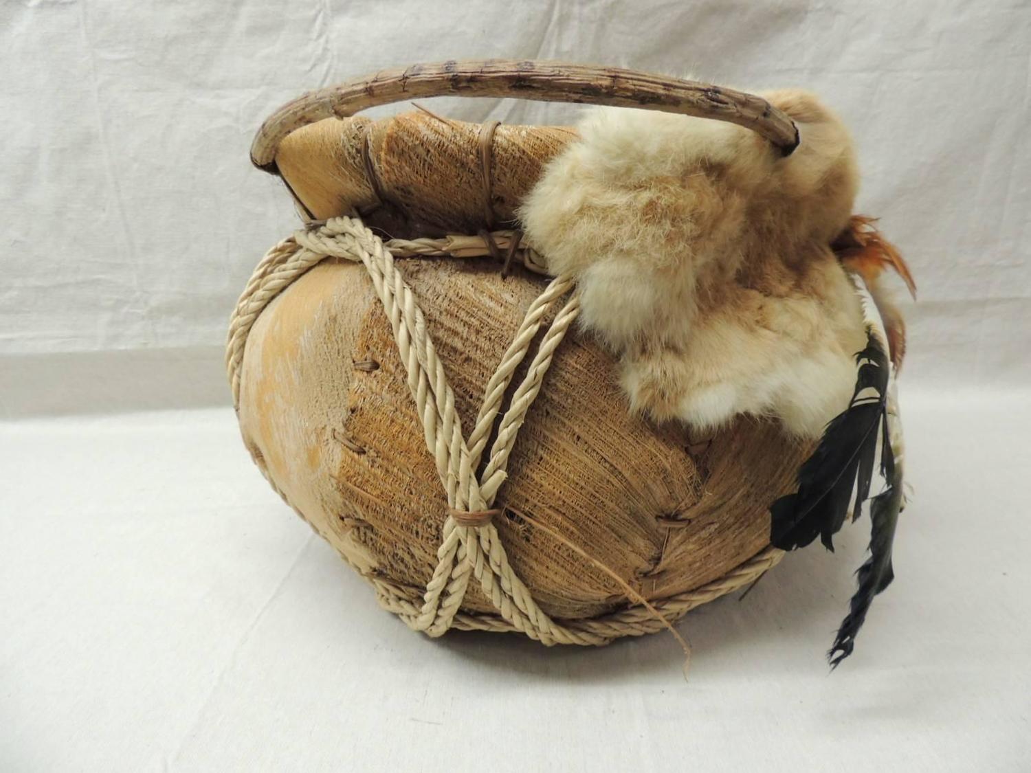 Vintage Navajo Basket with Fur and Feathers at 1stdibs