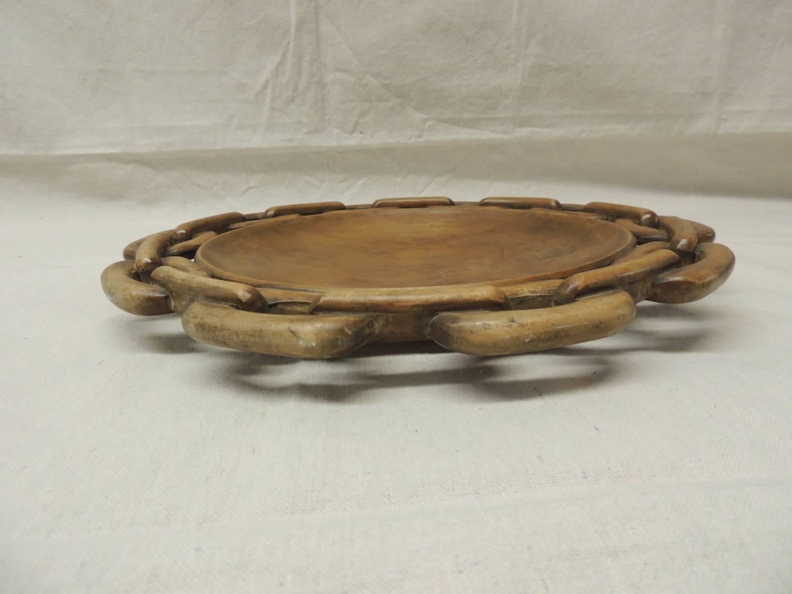 Hollywood Regency Sculptural Hand-Carved Wood Tray with Links Border