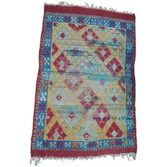 Vintage Yellow Blue and Red Anatolian Rug With Fringes