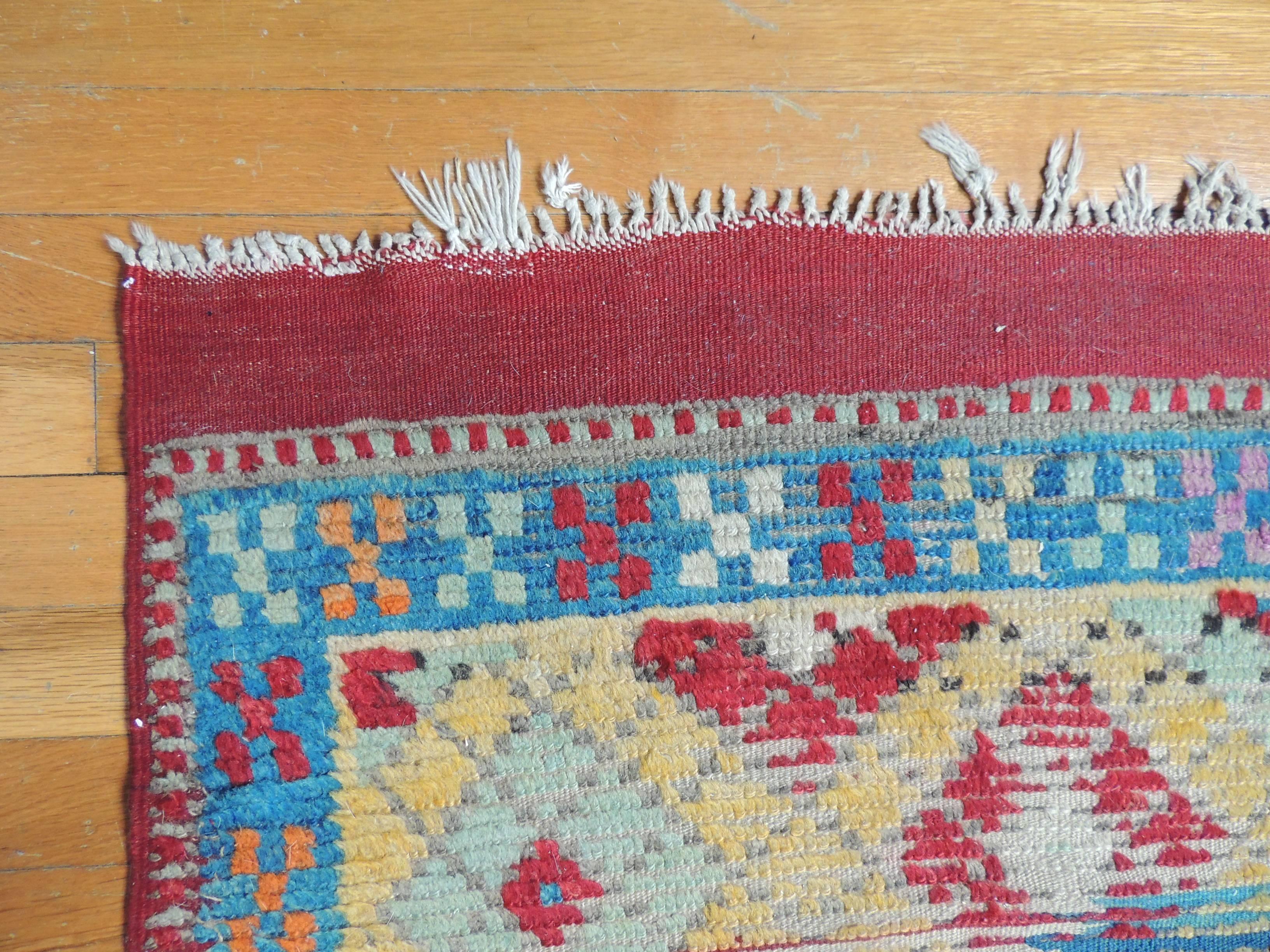 Moorish Vintage Yellow Blue and Red Anatolian Rug With Fringes