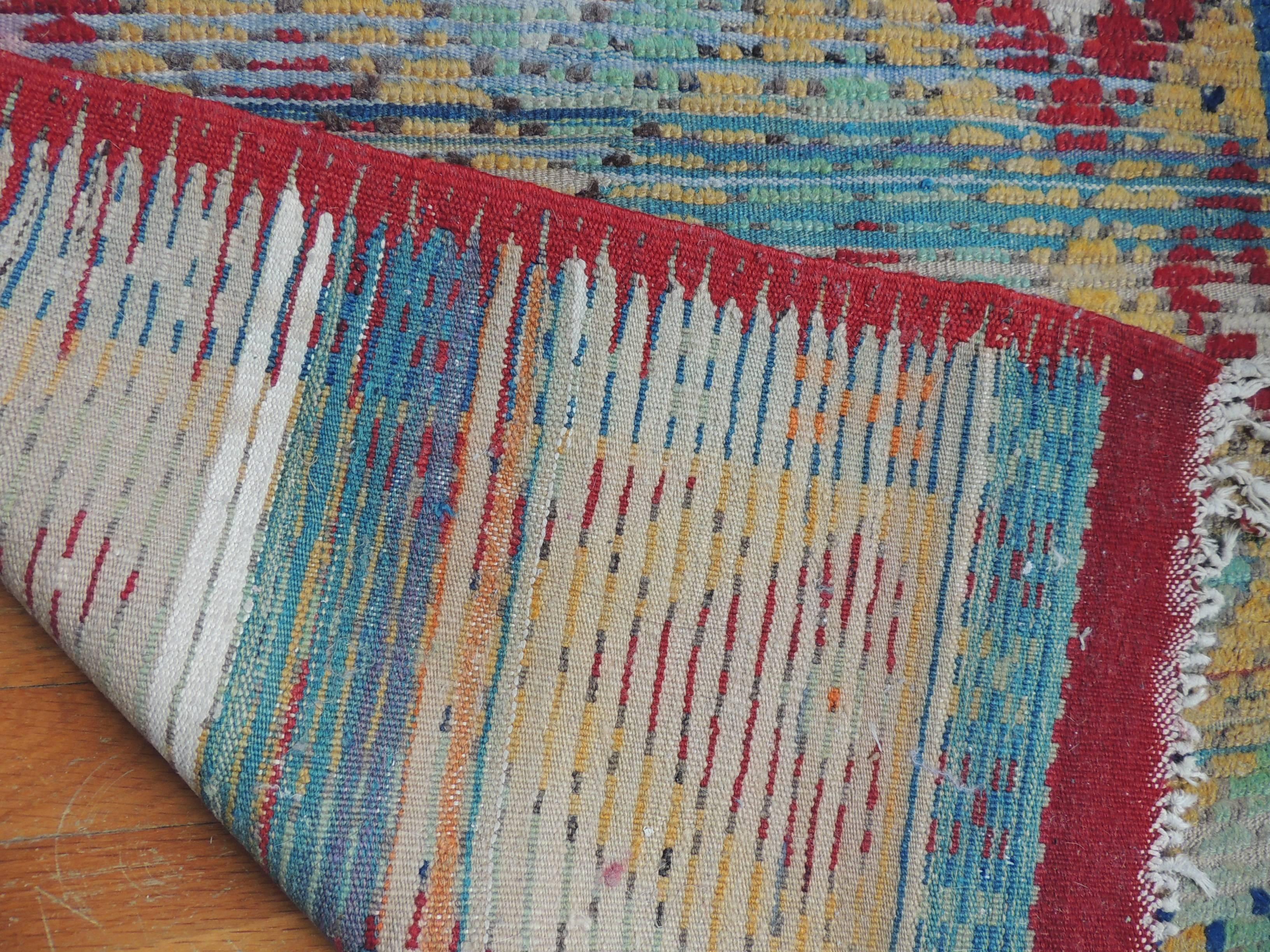 Turkish Vintage Yellow Blue and Red Anatolian Rug With Fringes