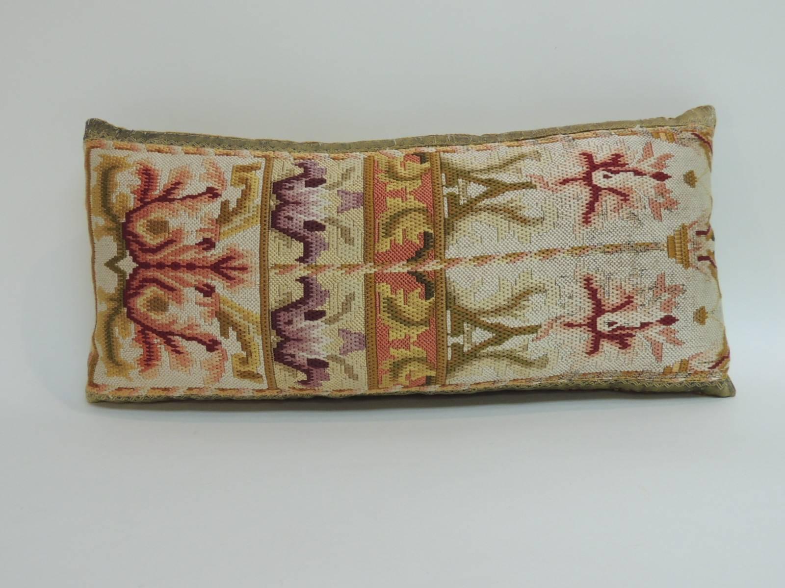 This item is part of our 7Th Anniversary SALE:
19th Century Tapestry Decorative Lumbar Pillow, embellished with antique 19th century metallic thread gold trim and 19th century golden tone silk velvet backing. Throw pillow depicts acanthus leaves and