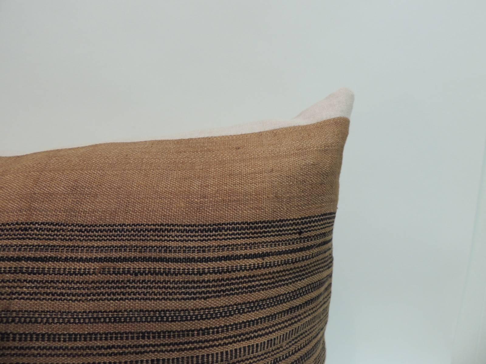 Hand-Crafted Pair of Vintage Asian Linen Homespun Striped Chinese Decorative  Bolster Pillows