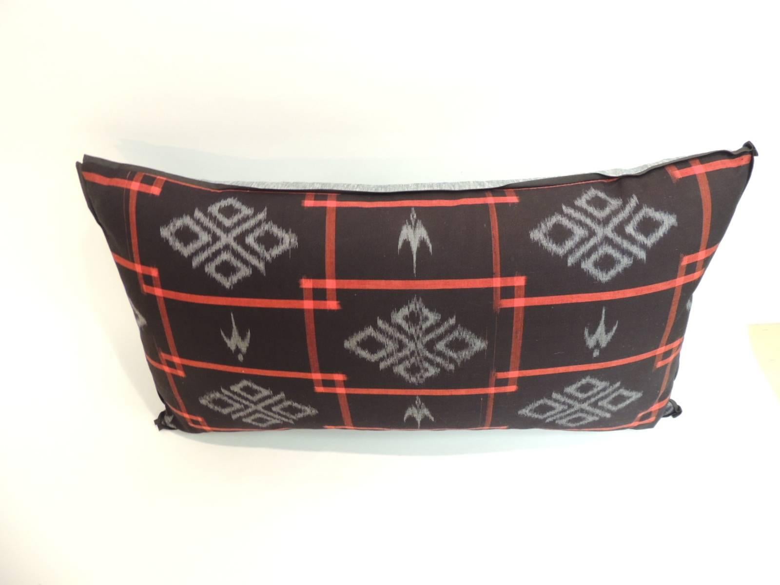 Hand-Crafted 1960’s Woven Red and Black Japanese Ikat Graphic Pattern Bolster Decorative