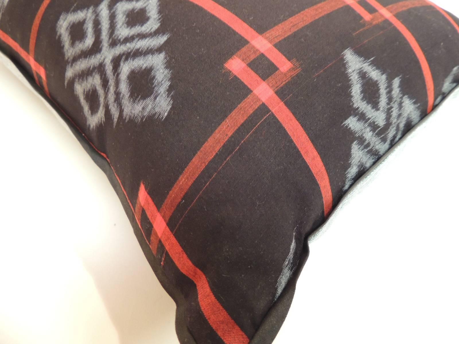 Late 20th Century 1960’s Woven Red and Black Japanese Ikat Graphic Pattern Bolster Decorative