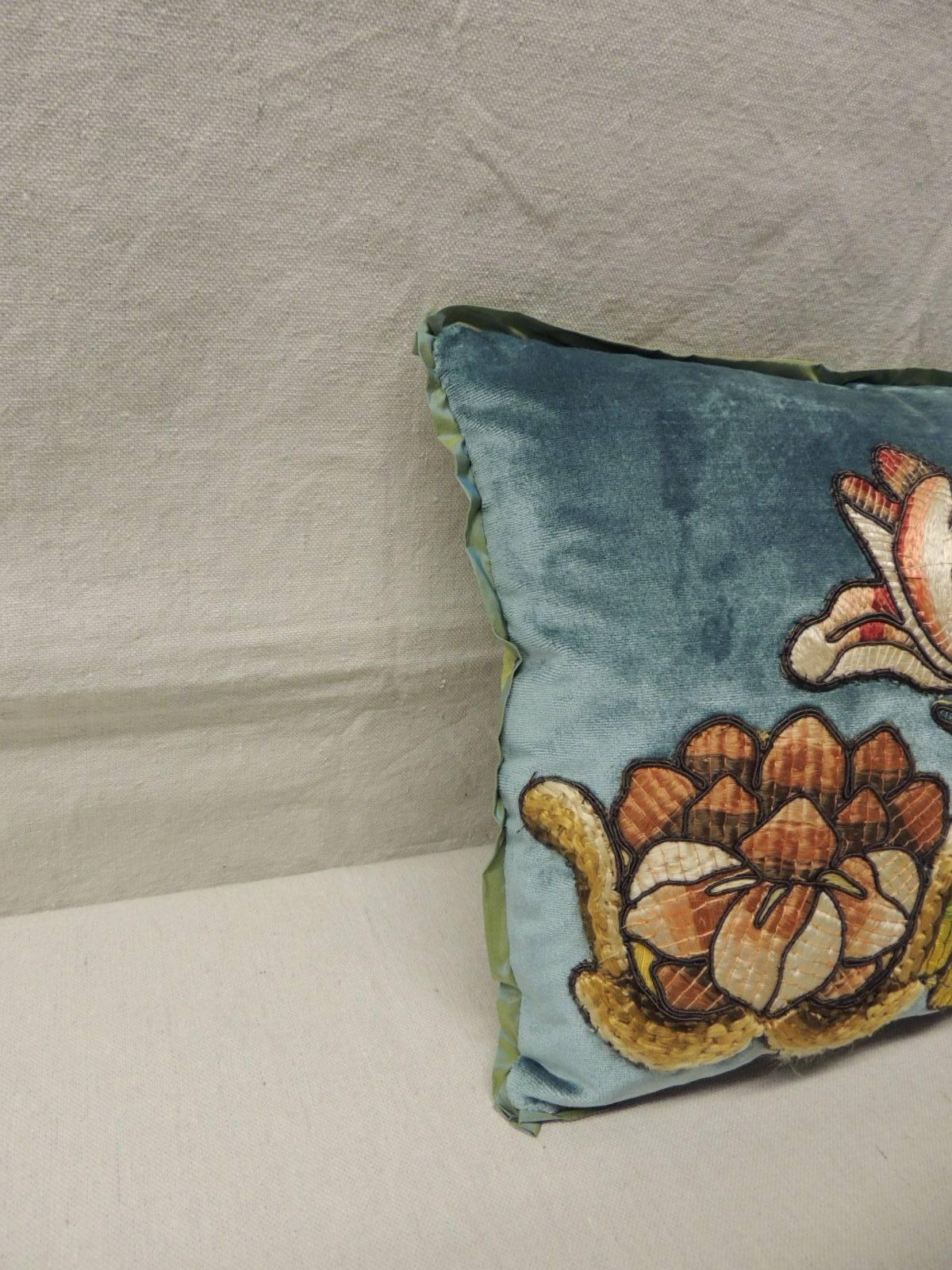 Antique Textiles Galleries...
18th century petite lumbar appliqué pillow. Silk embroidery detail re-applied onto silk velvet. Soft green silk trim and backing. Floral design in shades of green, blue, brown, gold, orange, red and aqua.
Pillow