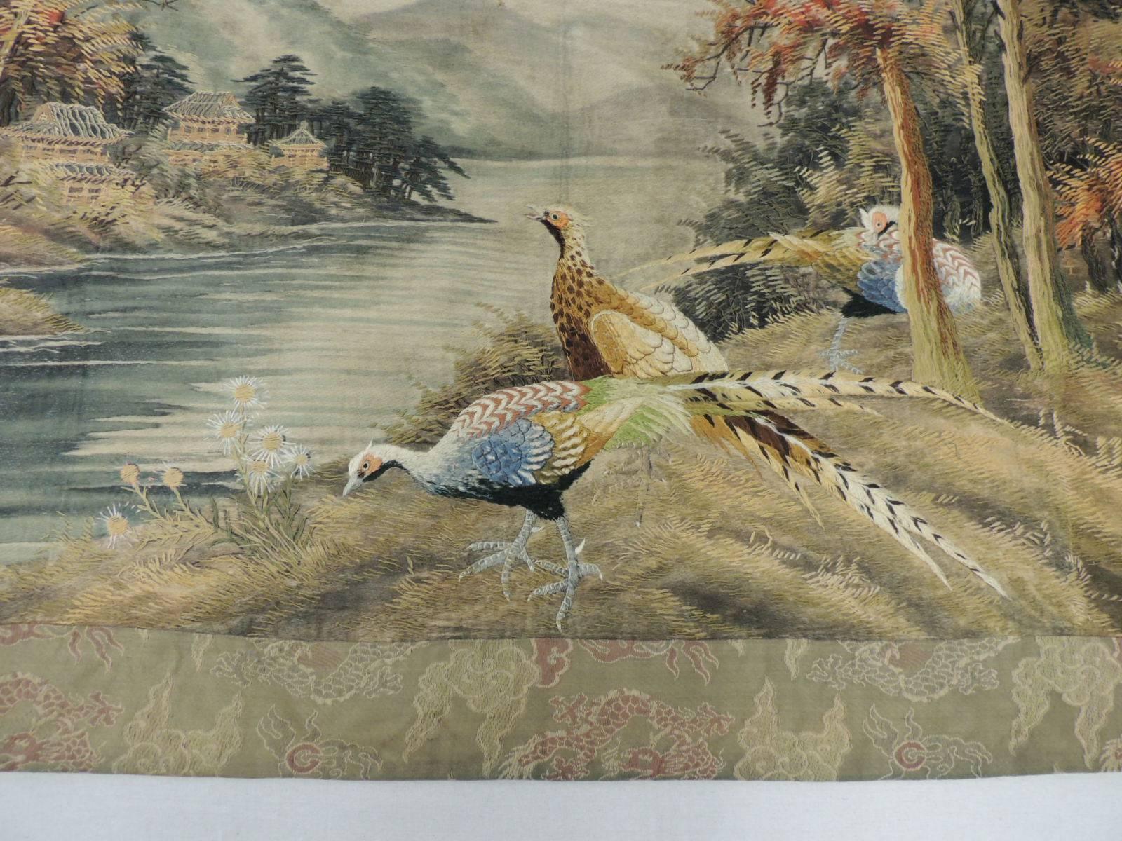 Large Japanese embroidery scenery tapestry depicting pheasants in a winter landscape. Silk Obi 4 inches border all around. Backed with cotton. Ready to hang or display. Meiji period. Signed by artist.
Size: 41 x 65
From: Antique Textiles Galleries

