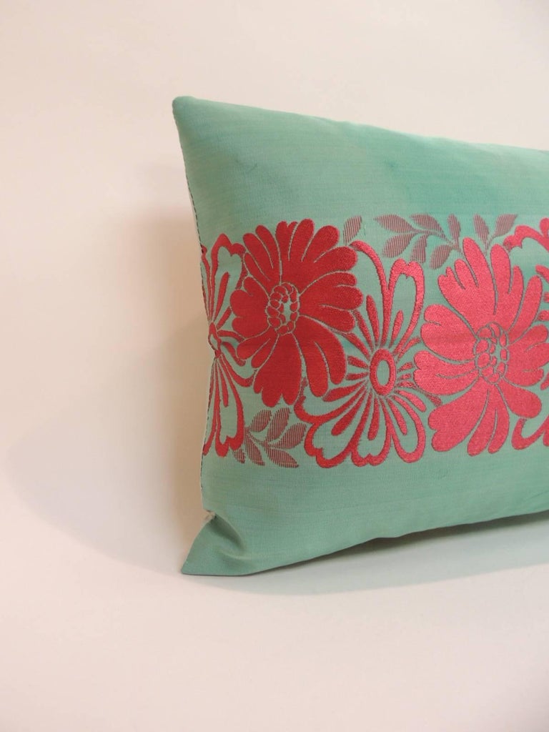 Vintage Asian Colorful Green and Red Silk Woven Obi Decorative Lumbar Pillow For Sale at 1stdibs