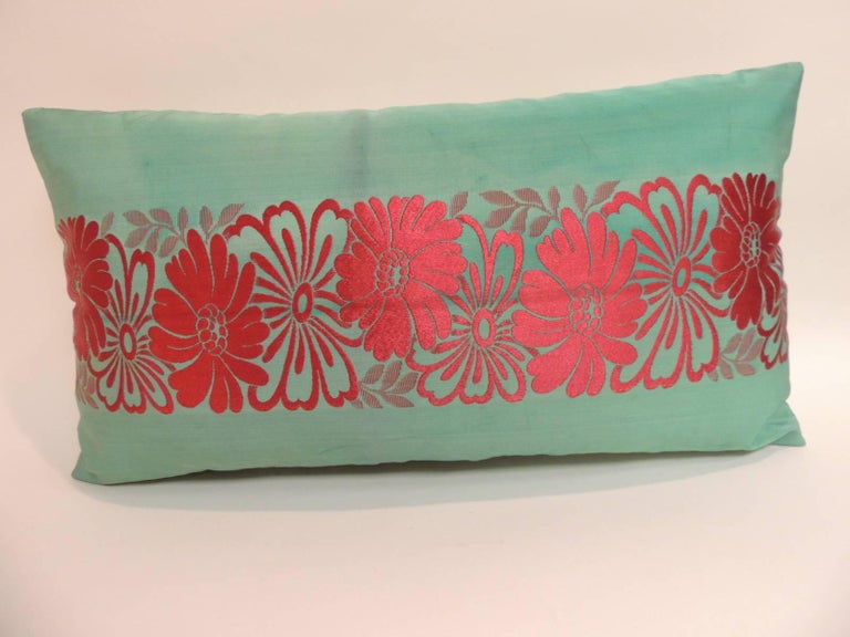 Vintage Asian Colorful Green and Red Silk Woven Obi Decorative Lumbar Pillow For Sale at 1stdibs